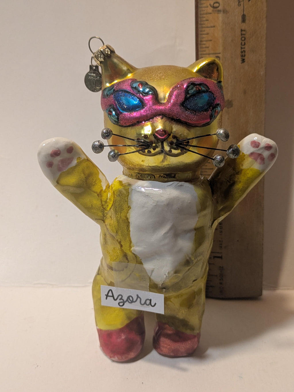 Alien Azora – WhimsiClay Cat with Glass Ornament Head Handmade by Amy Lacombe