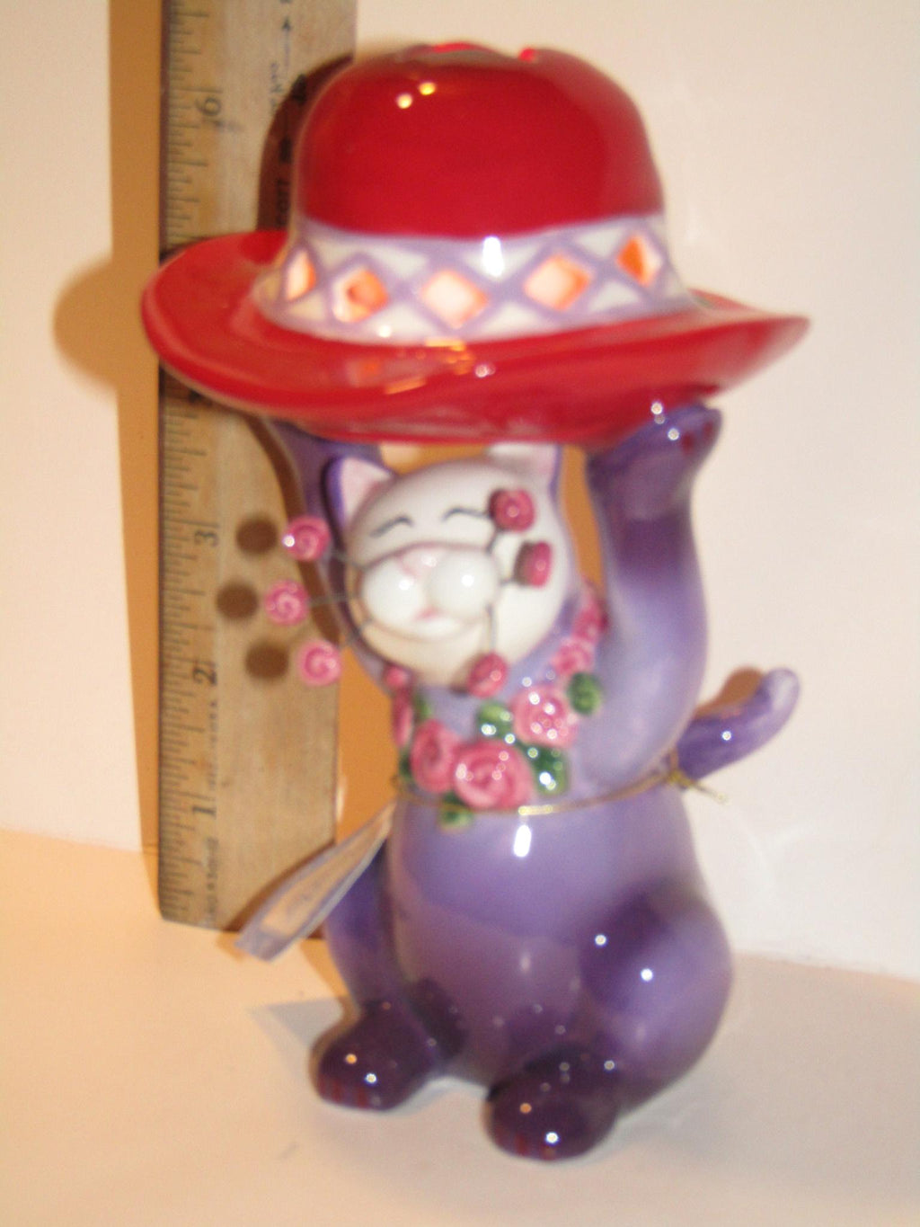 Evelyn — WhimsiClay Red Hat Cat Tealight Holder by Amy Lacombe, with Floral Pin