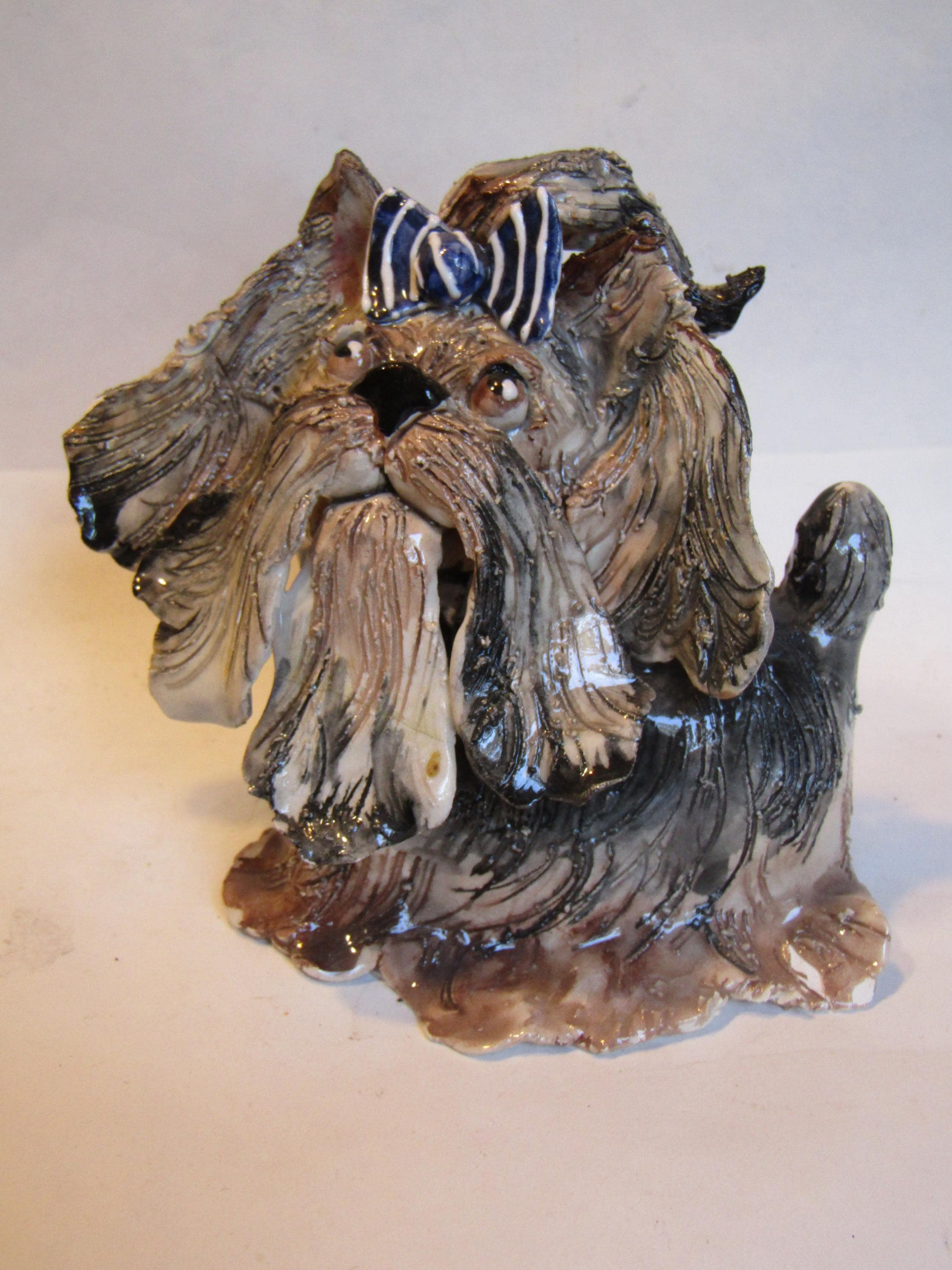 Chloe — WhimsiClay Long-Haired Yorkie Sculpture with Striped Bow by Amy Lacombe, with Dog Pins