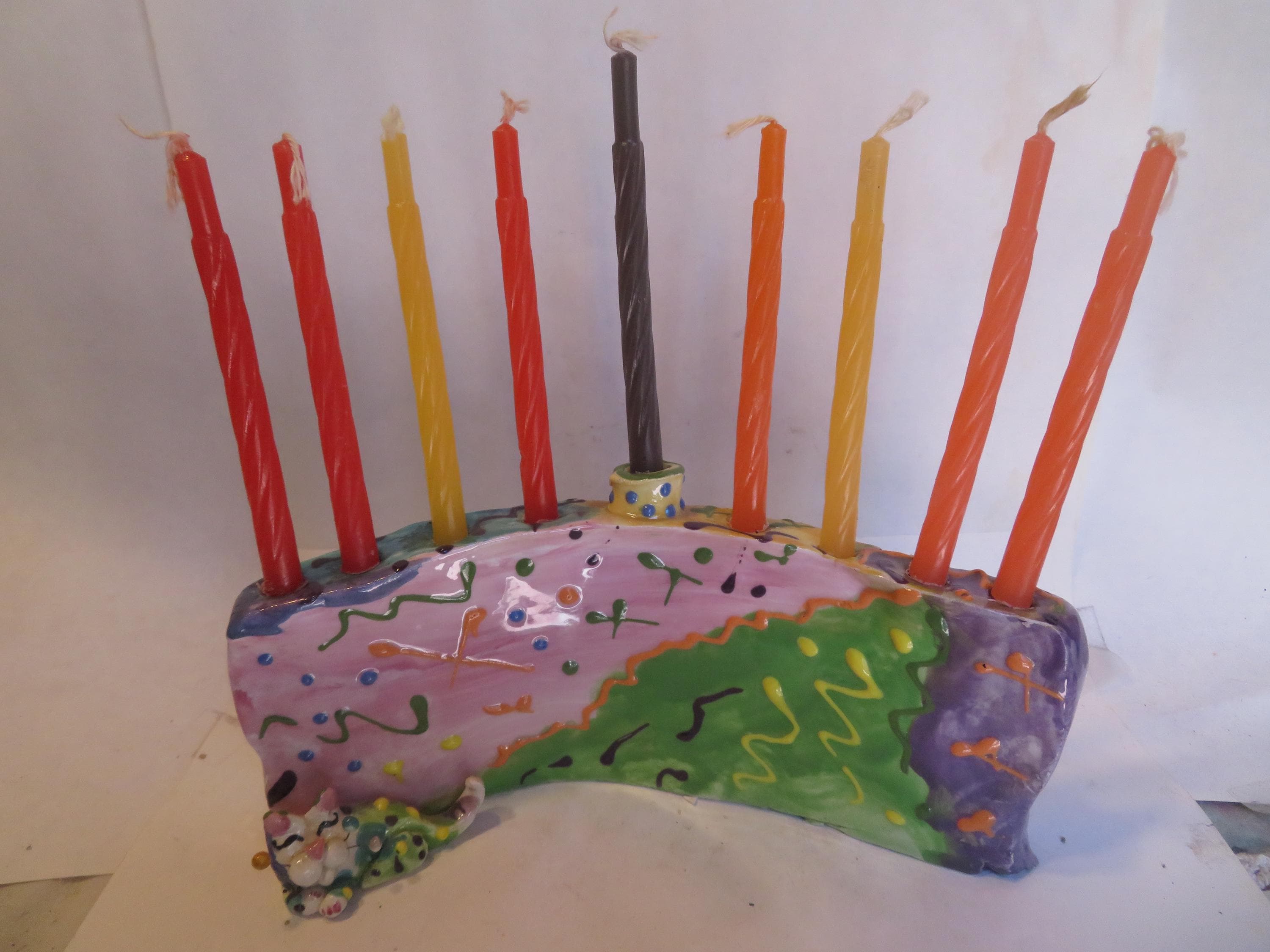 Cat Menorah — WhimsiClay Colorful Handmade Rare One-of-a-Kind by Amy Lacombe