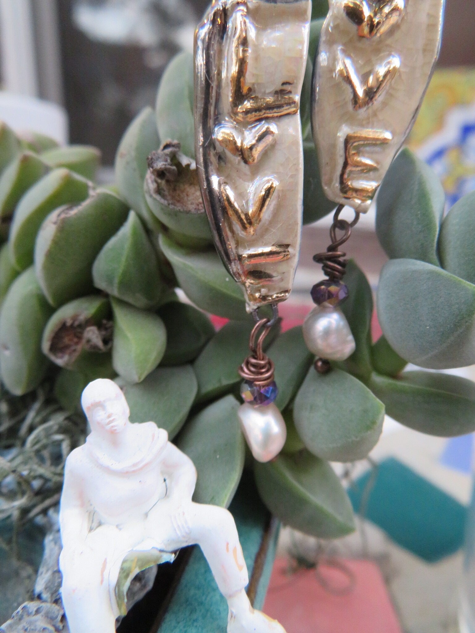 Love — WhimsiClay Creamy White Ceramic Earrings with 24K Gold & Platinum Lustre by Amy Lacombe
