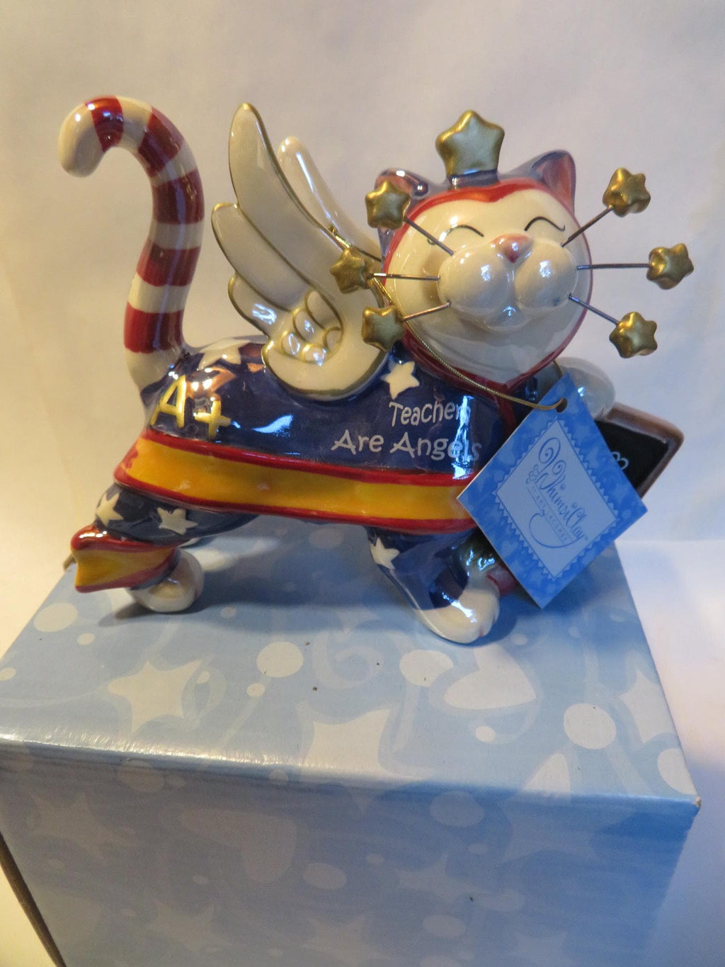 WhimsiClay teacher cat In Box, + Angelica Cat Pin