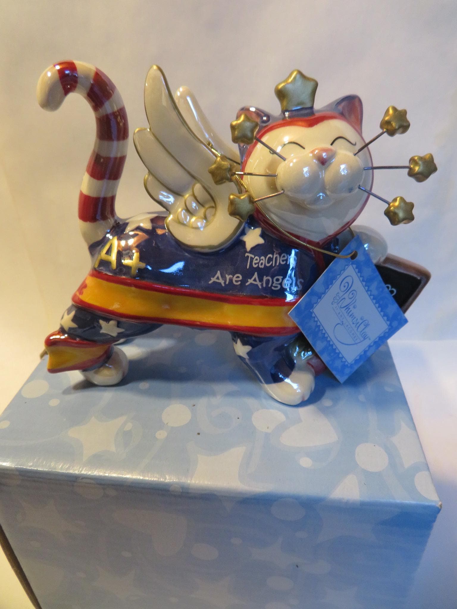 WhimsiClay teacher cat In Box, + Angelica Cat Pin