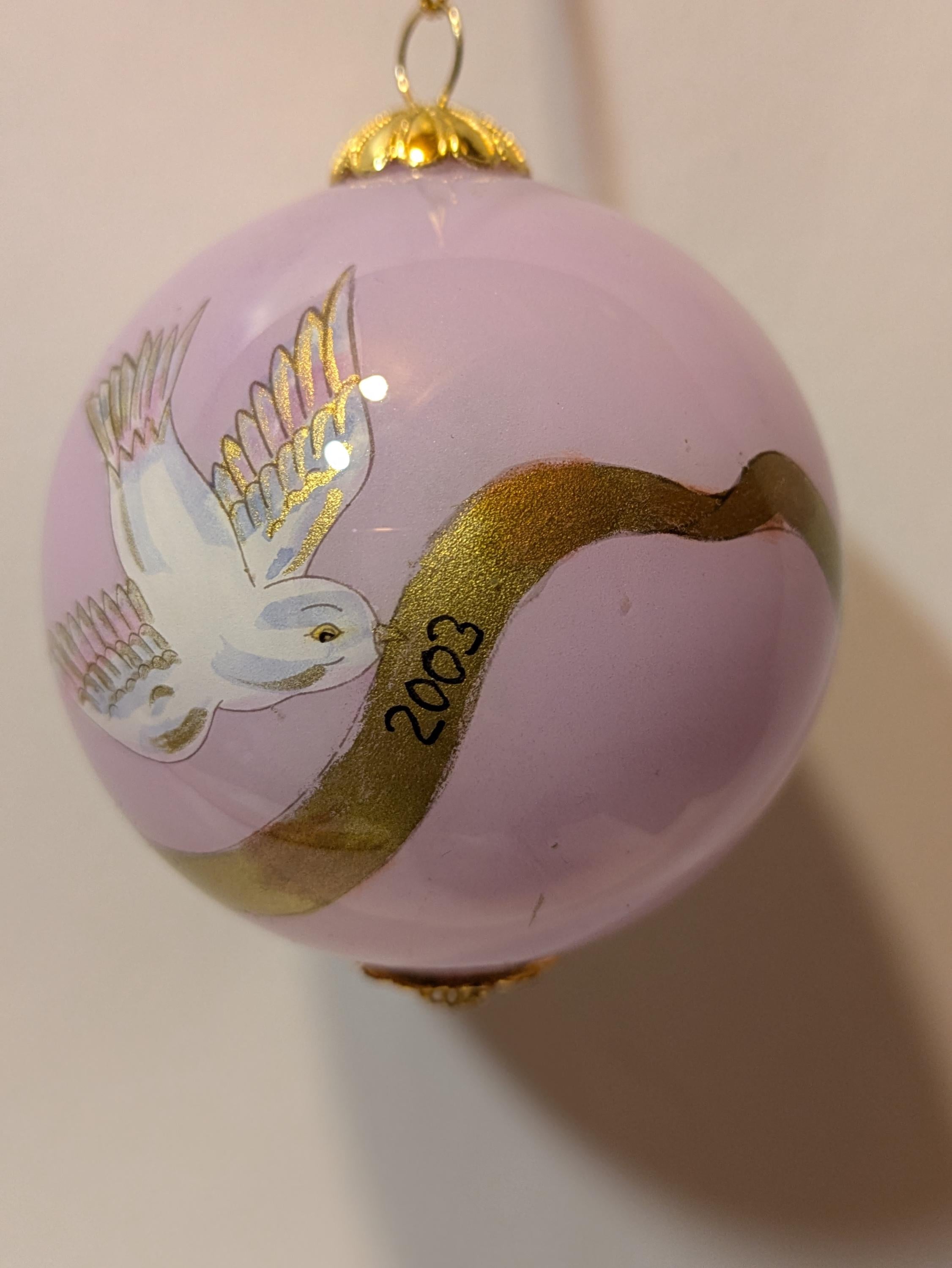 Peace Dove — Vintage Lavender Hand-Painted Glass Ornament in Purple Velvet Box