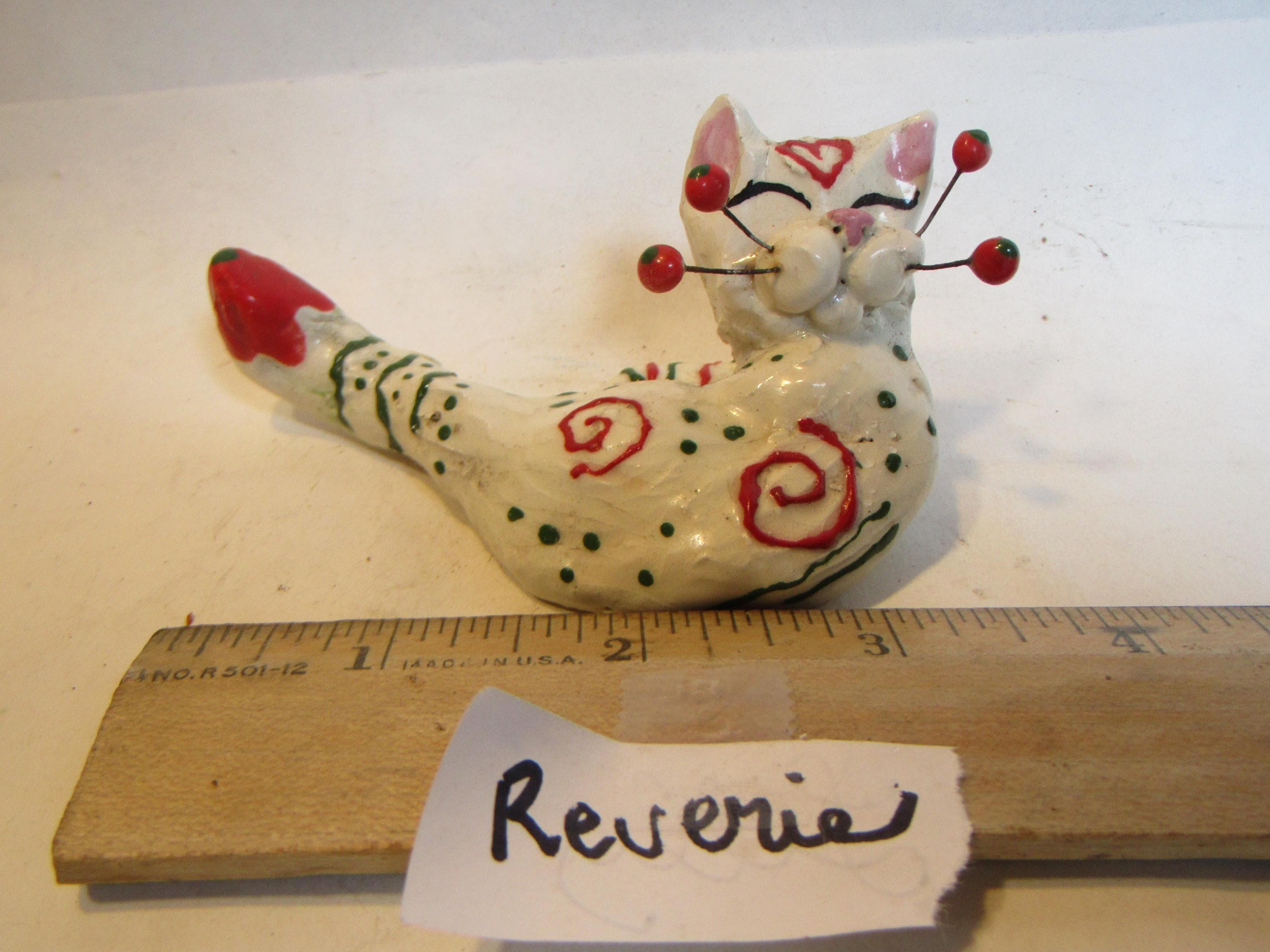 Reverie — WhimsiClay Adorable Vintage Mini Kitty Figurine by Amy Lacombe, with Cat Pin