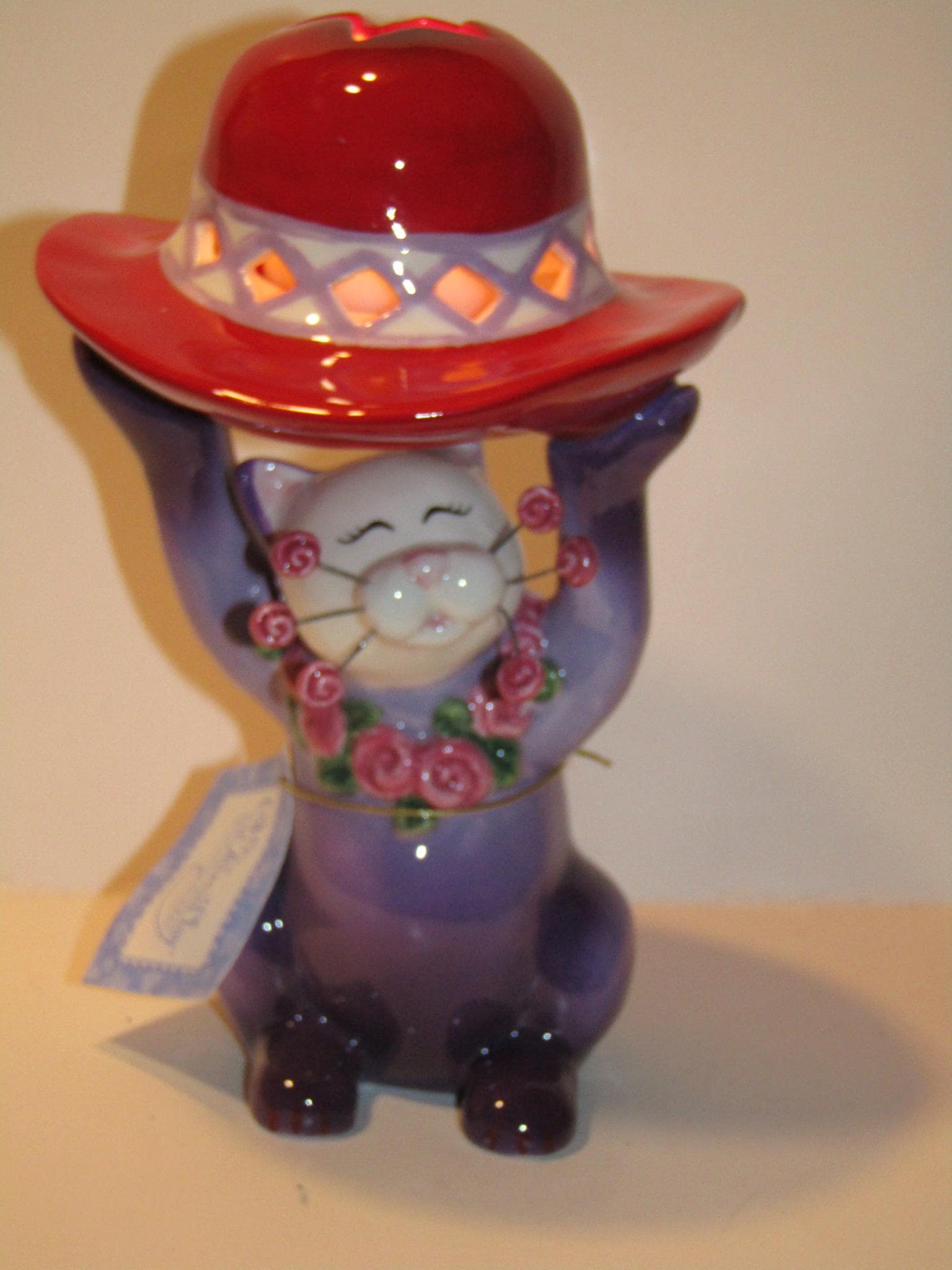 Evelyn — WhimsiClay Red Hat Cat Tealight Holder by Amy Lacombe, with Floral Pin