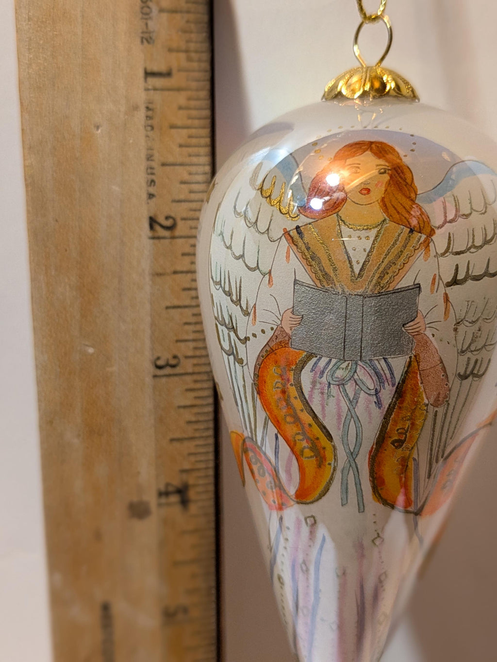 Angel — Vintage Lustered Teardrop Hand-Painted Glass Ornament in Gold Brocade Box