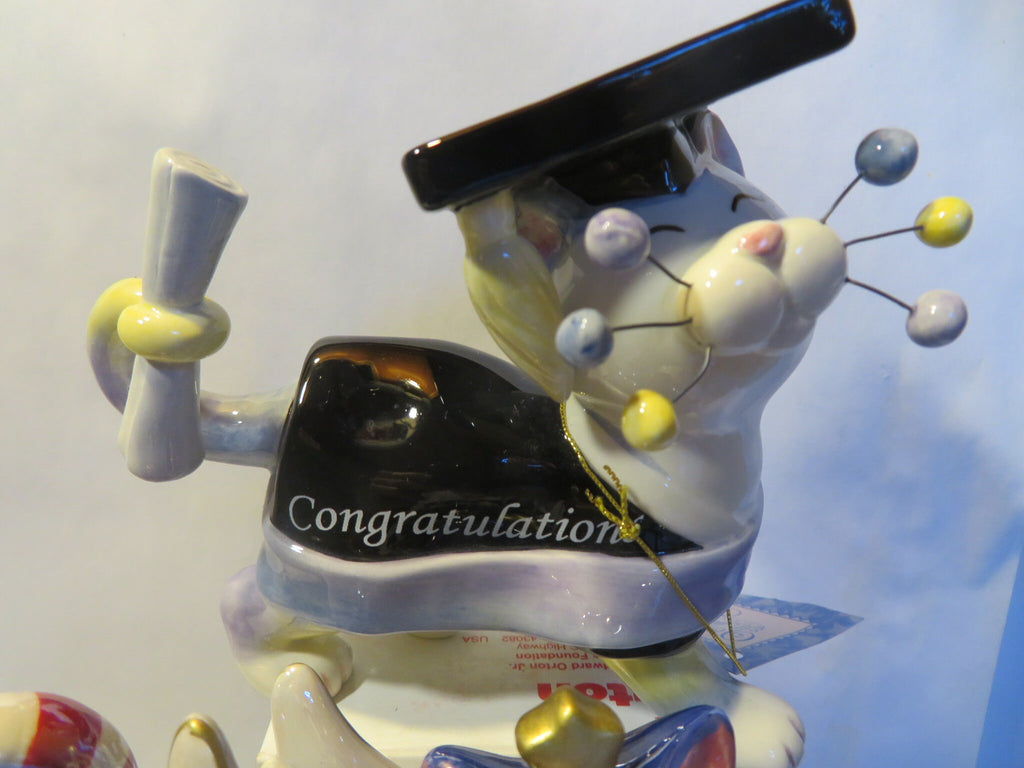 Graduate & Gratitude — WhimsiClay Angel Cat Pair, Boxed, with Yankee Doodle Cat Pin