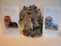 Chloe — WhimsiClay Long-Haired Yorkie Sculpture with Striped Bow by Amy Lacombe, with Dog Pins
