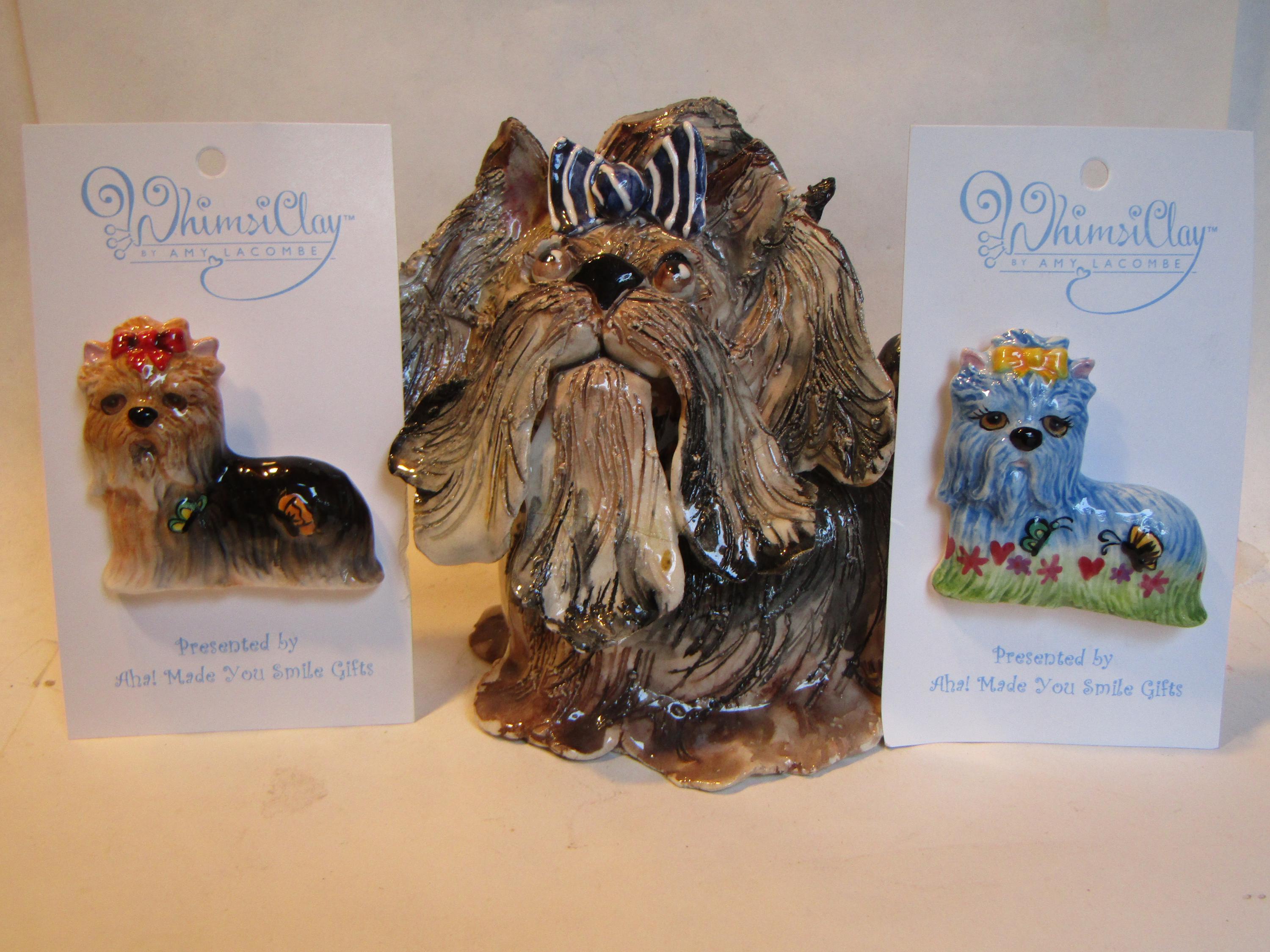 Chloe — WhimsiClay Long-Haired Yorkie Sculpture with Striped Bow by Amy Lacombe, with Dog Pins