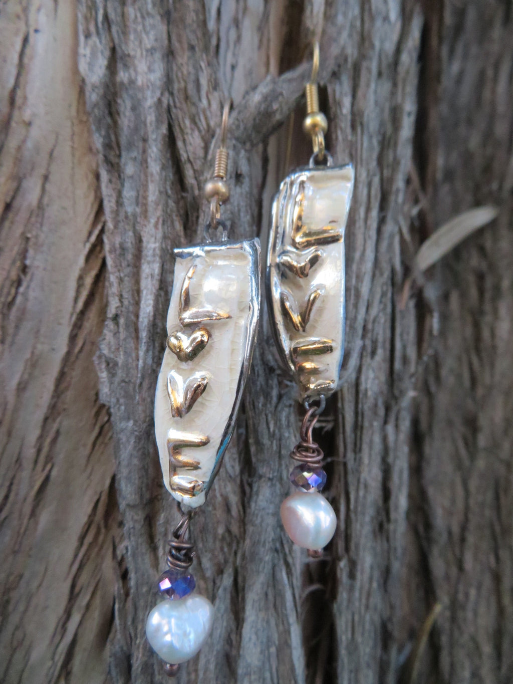 Love — WhimsiClay Creamy White Ceramic Earrings with 24K Gold & Platinum Lustre by Amy Lacombe