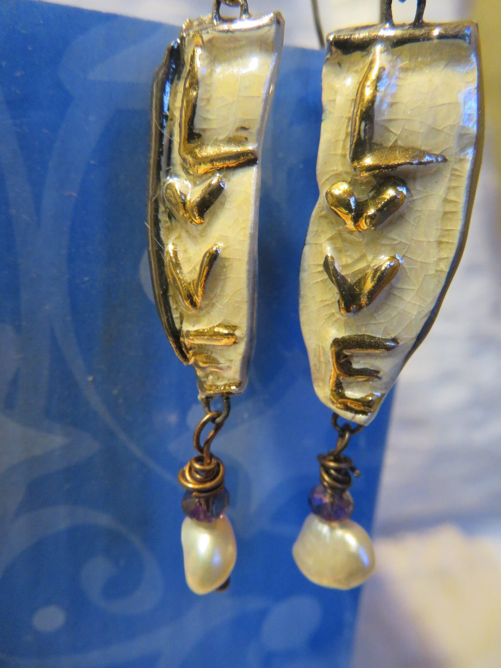 Love — WhimsiClay Creamy White Ceramic Earrings with 24K Gold & Platinum Lustre by Amy Lacombe