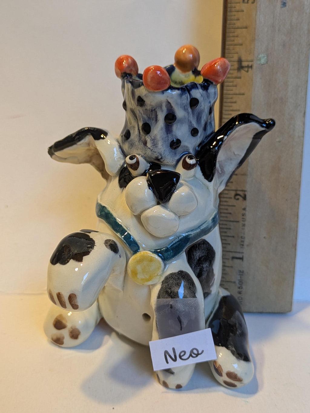 Black and White WhimsiClay Dog Original Candle Holder “Nekko” (1999) – Amy Lacombe