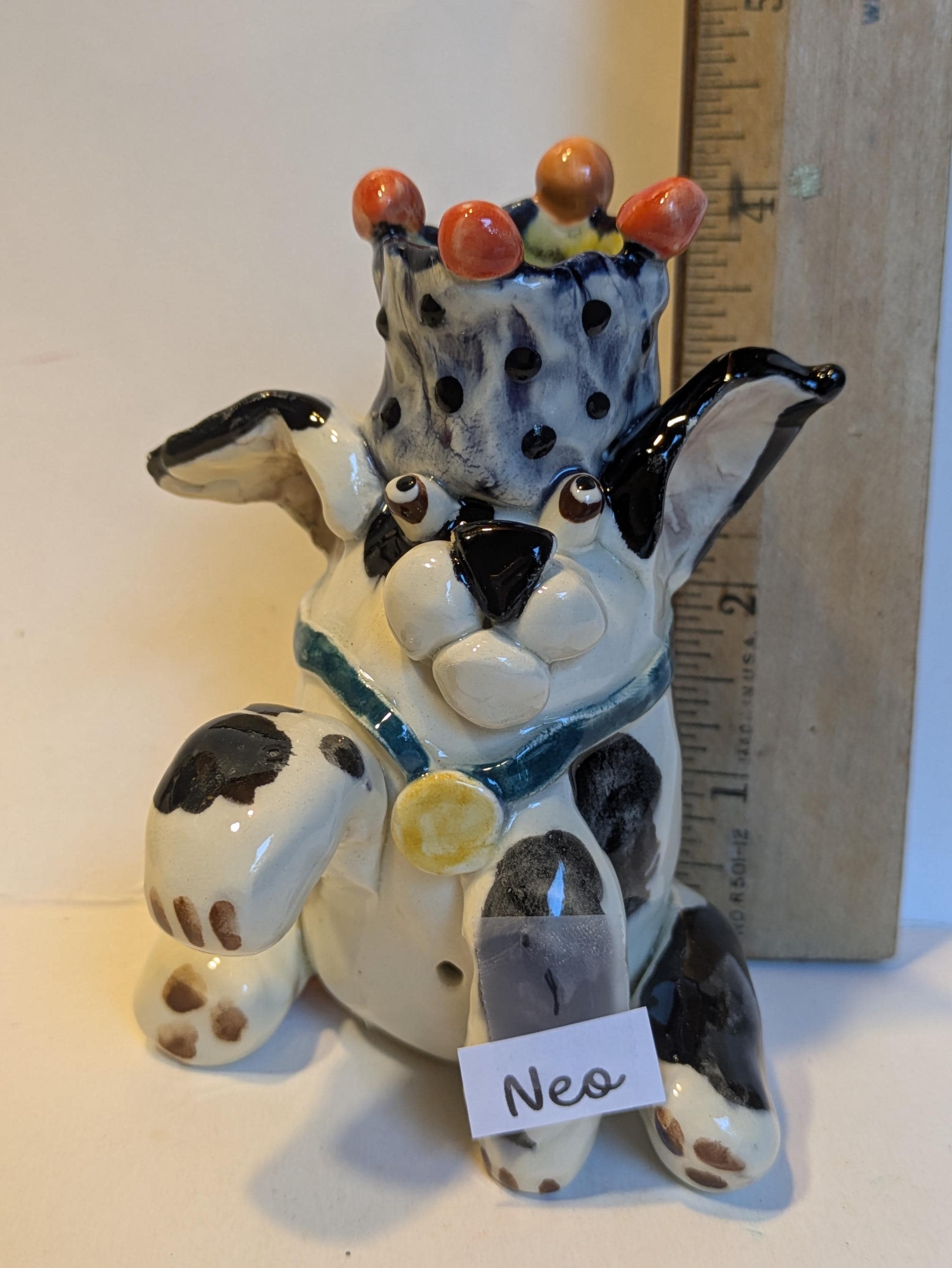 Black and White WhimsiClay Dog Original Candle Holder “Nekko” (1999) – Amy Lacombe