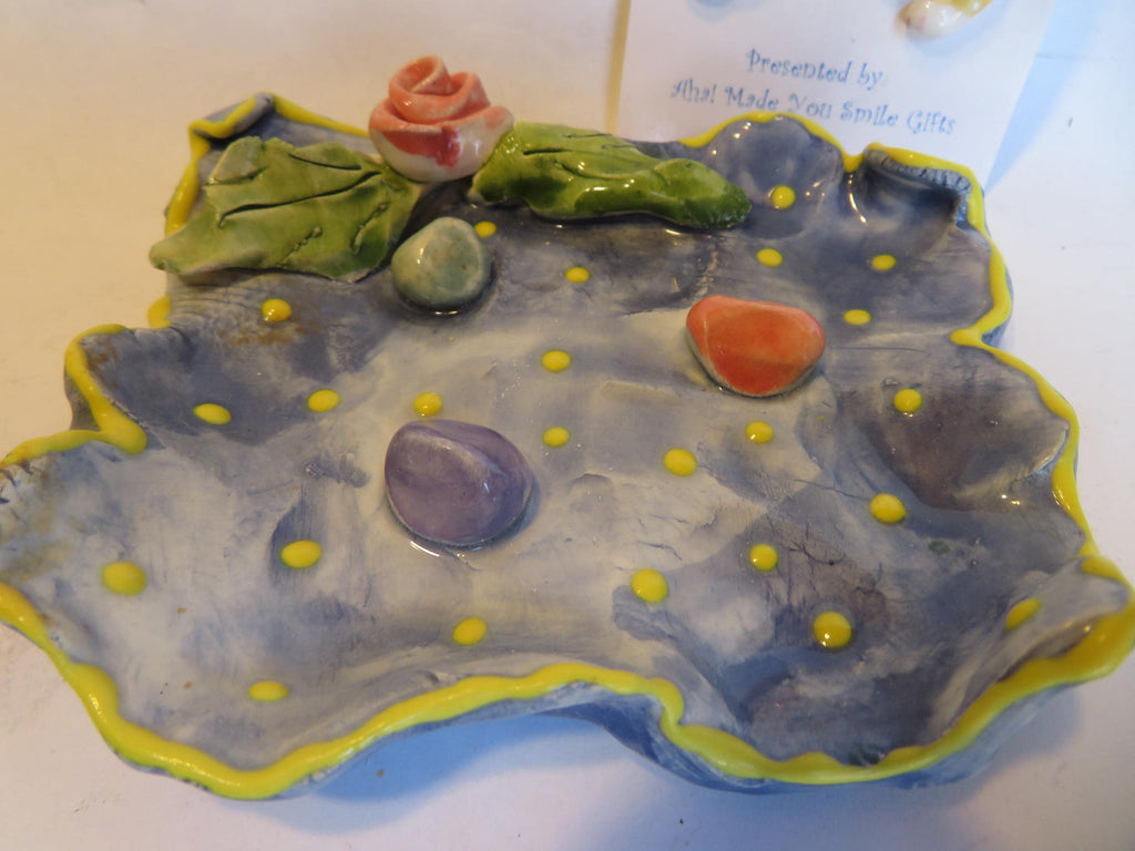 Blue Dotted Soap Dish — Vintage WhimsiClay Handmade Ceramic by Amy Lacombe, with Pin