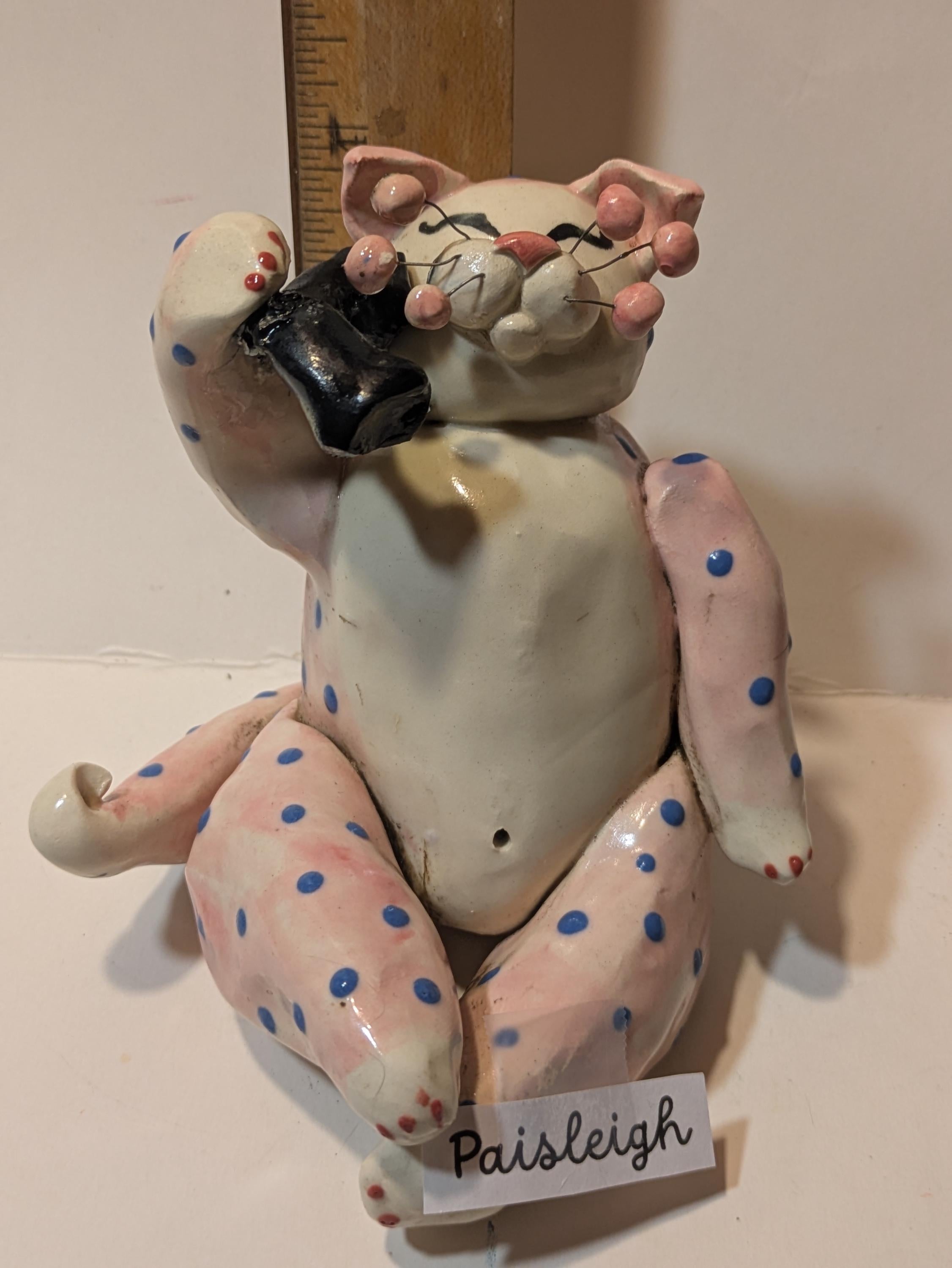 Paisleigh — Vintage 1999 WhimsiClay Pink Polka Dot Cat with Phone Receiver by Amy Lacombe
