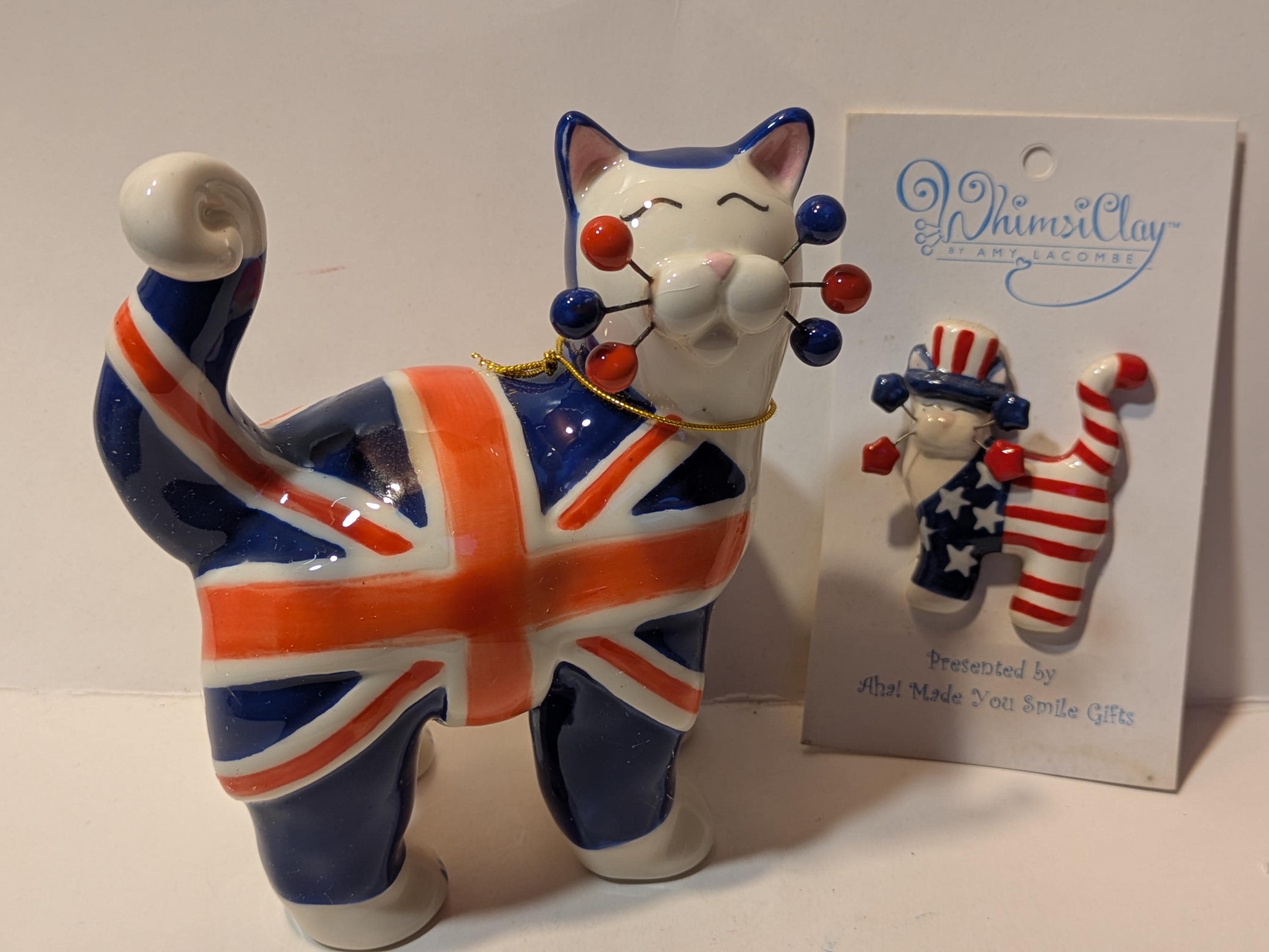 Charles — Rare Union Jack WhimsiClay Cat, Hand Signed by Amy Lacombe, with Yankee Doodle Kitty Pin