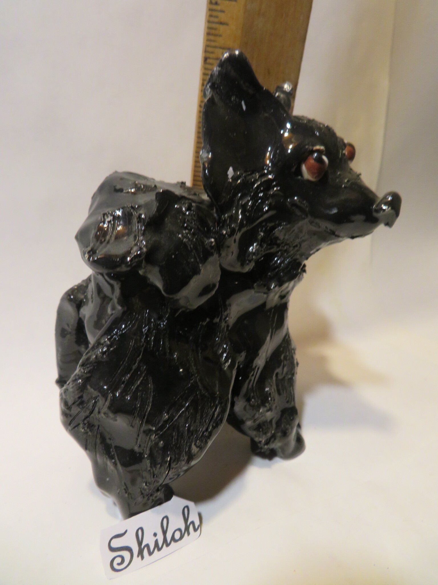 Shiloh — WhimsiClay One-of-a-Kind Long-Haired Black Chihuahua Sculpture by Amy Lacombe, with Dog Pins