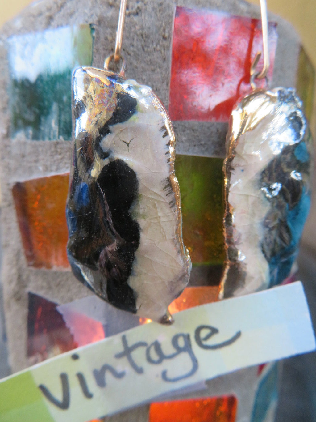 Black & White — Vintage Ceramic Earrings with 24K Gold Lustre Trim by Amy Lacombe