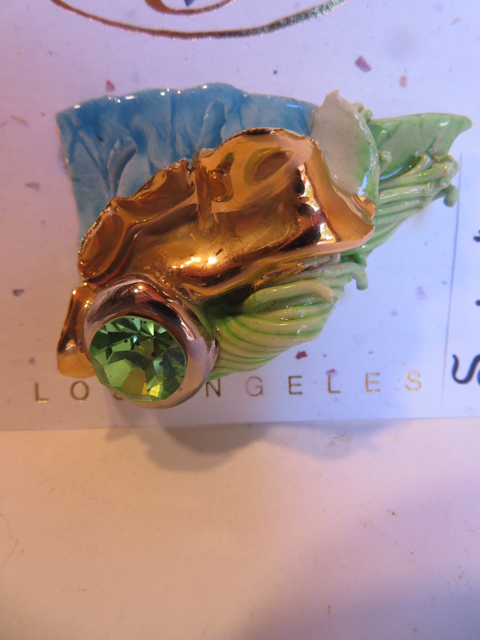 Springtime — WhimsiClay Brooch with Gold, Platinum & Peridot Swarovski Crystal