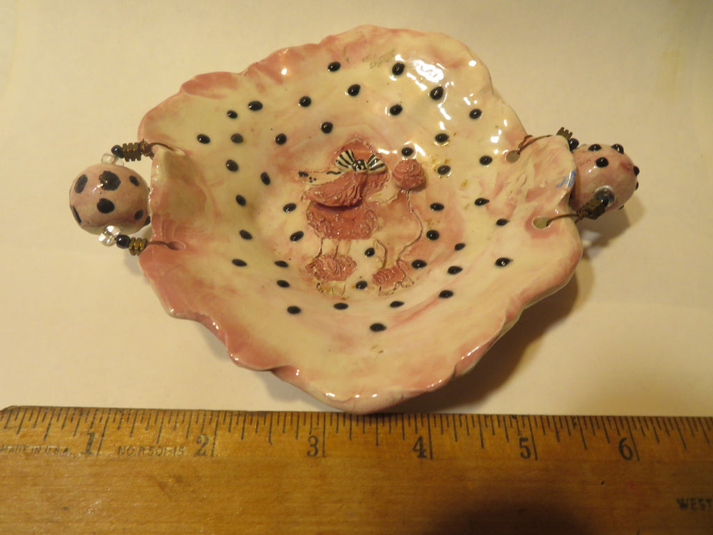 Pink Poodle Dish — WhimsiClay One-of-a-Kind Ceramic Silk-Lined Dog Frame by Amy Lacombe, with Poodle Pins