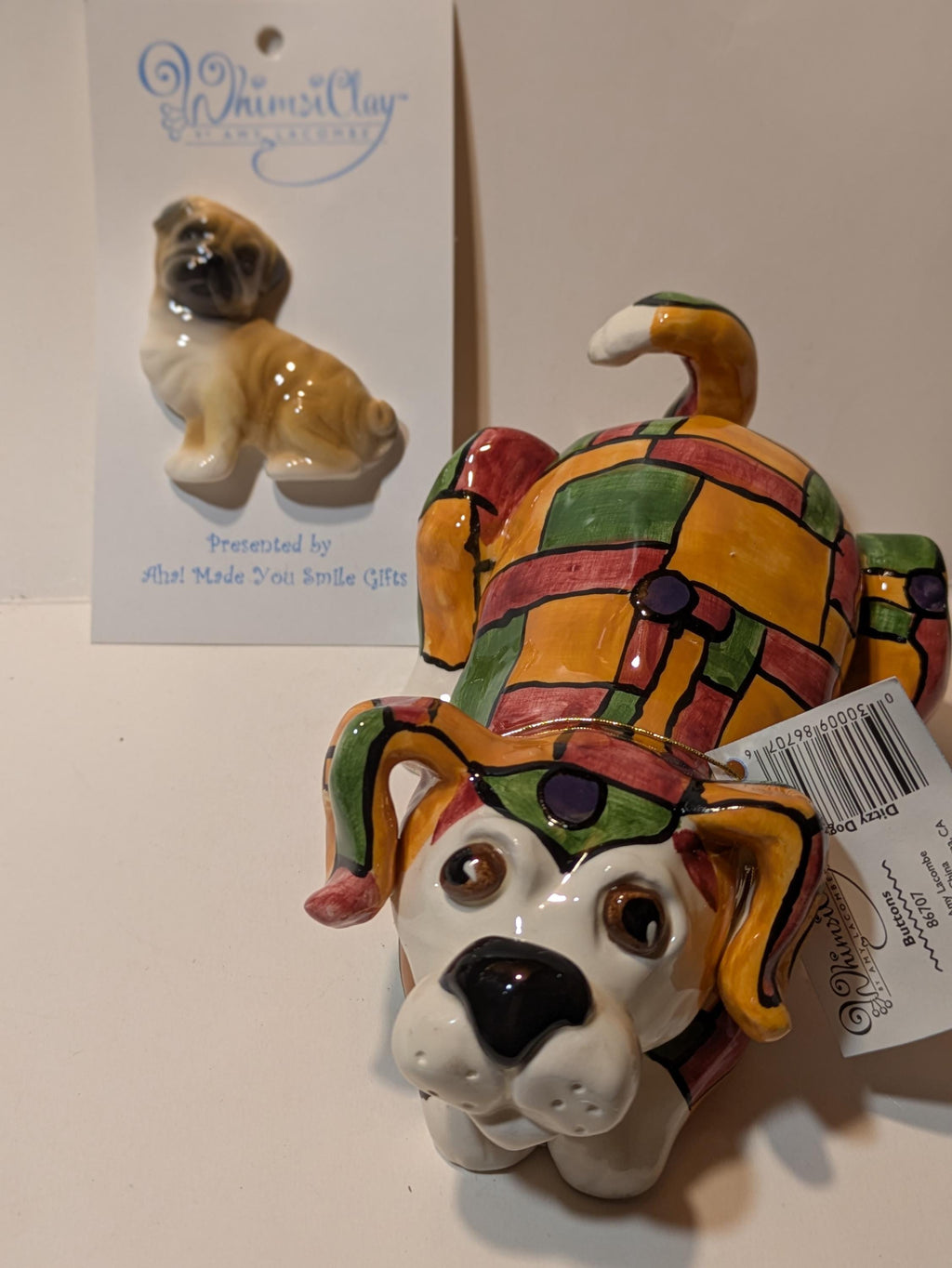 Buttons — WhimsiClay Rare Patchwork Pup Clayful Canine by Amy Lacombe, with Pug Pin