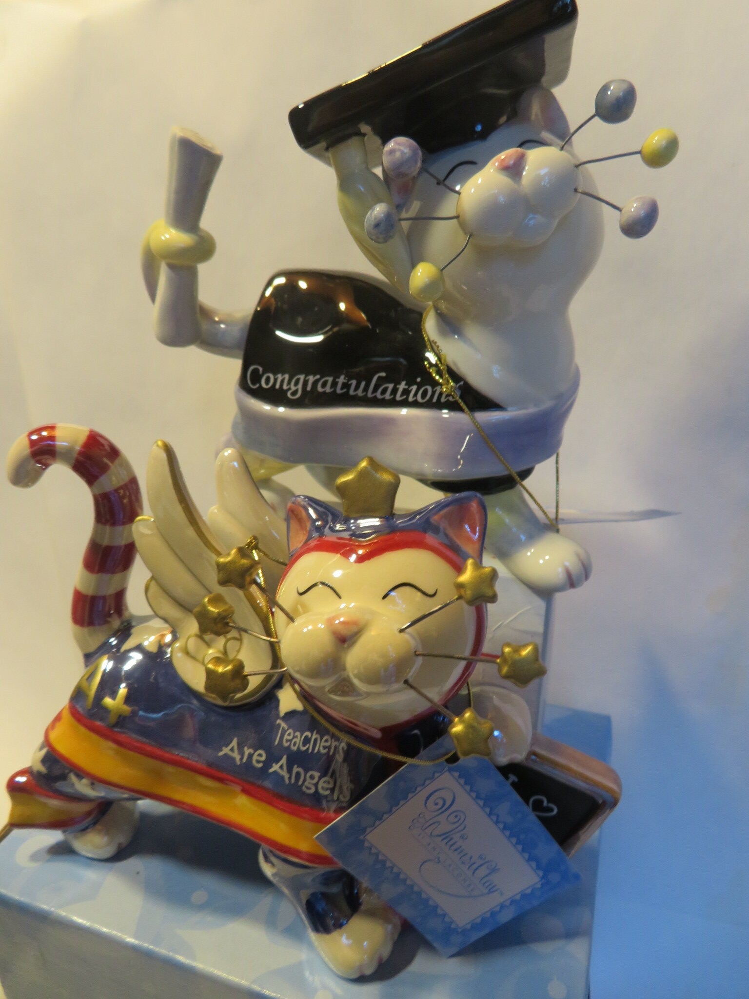 Teacher & Graduate Cat Pair — WhimsiClay Ceramic Figurines by Amy Lacombe, Gift Boxed
