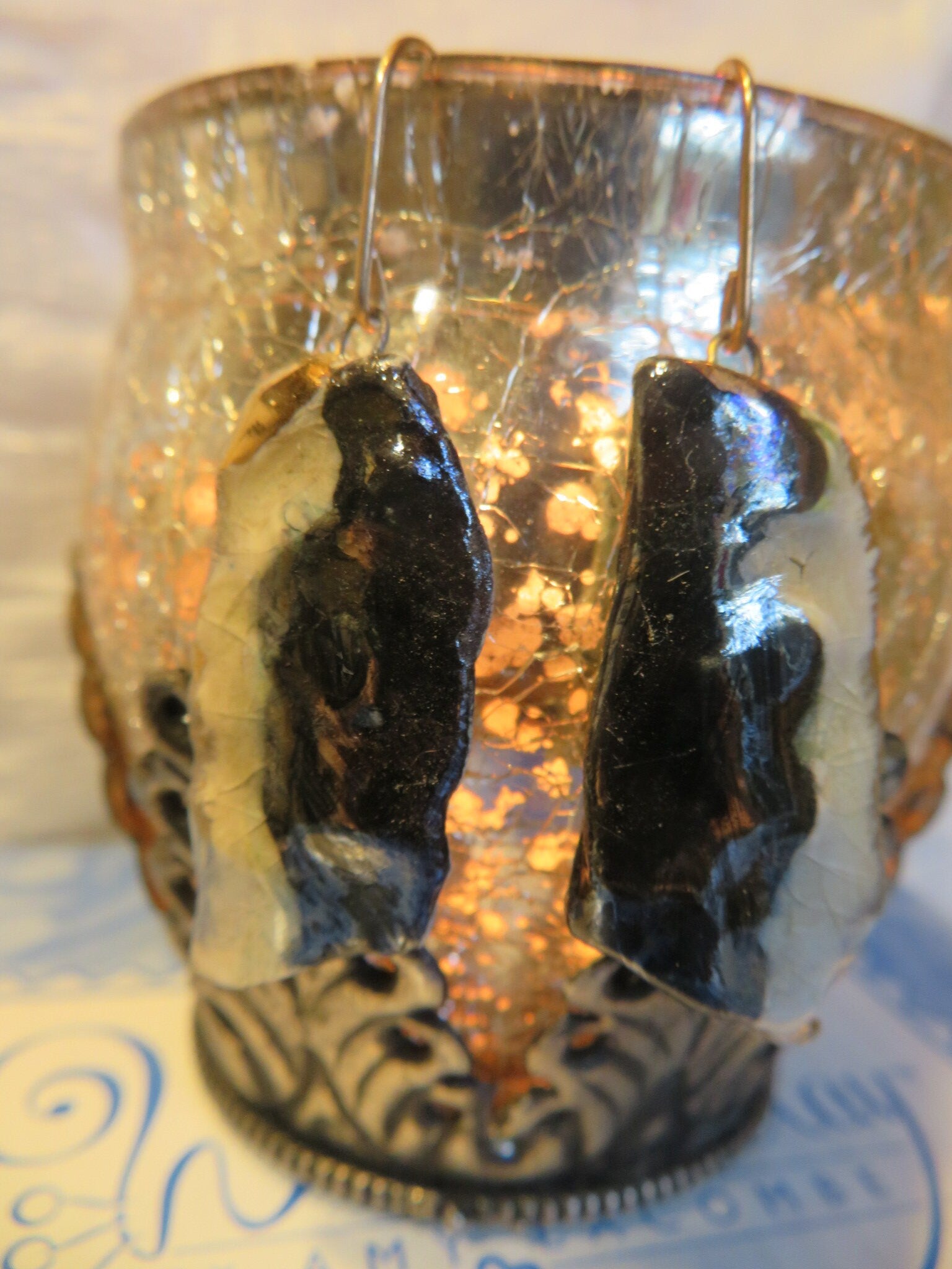 Black & White — Vintage Ceramic Earrings with 24K Gold Lustre Trim by Amy Lacombe