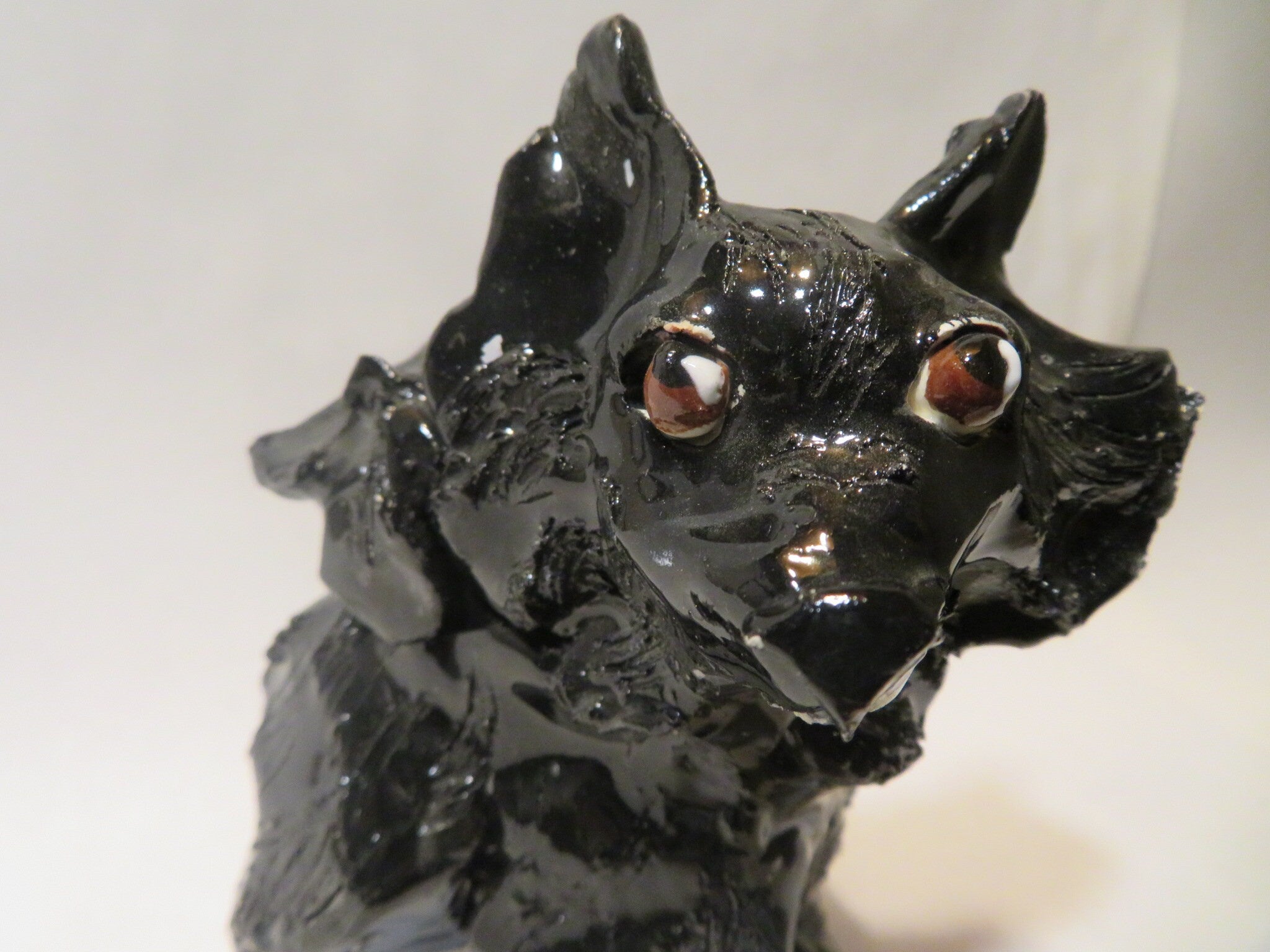Shiloh — WhimsiClay One-of-a-Kind Long-Haired Black Chihuahua Sculpture by Amy Lacombe, with Dog Pins