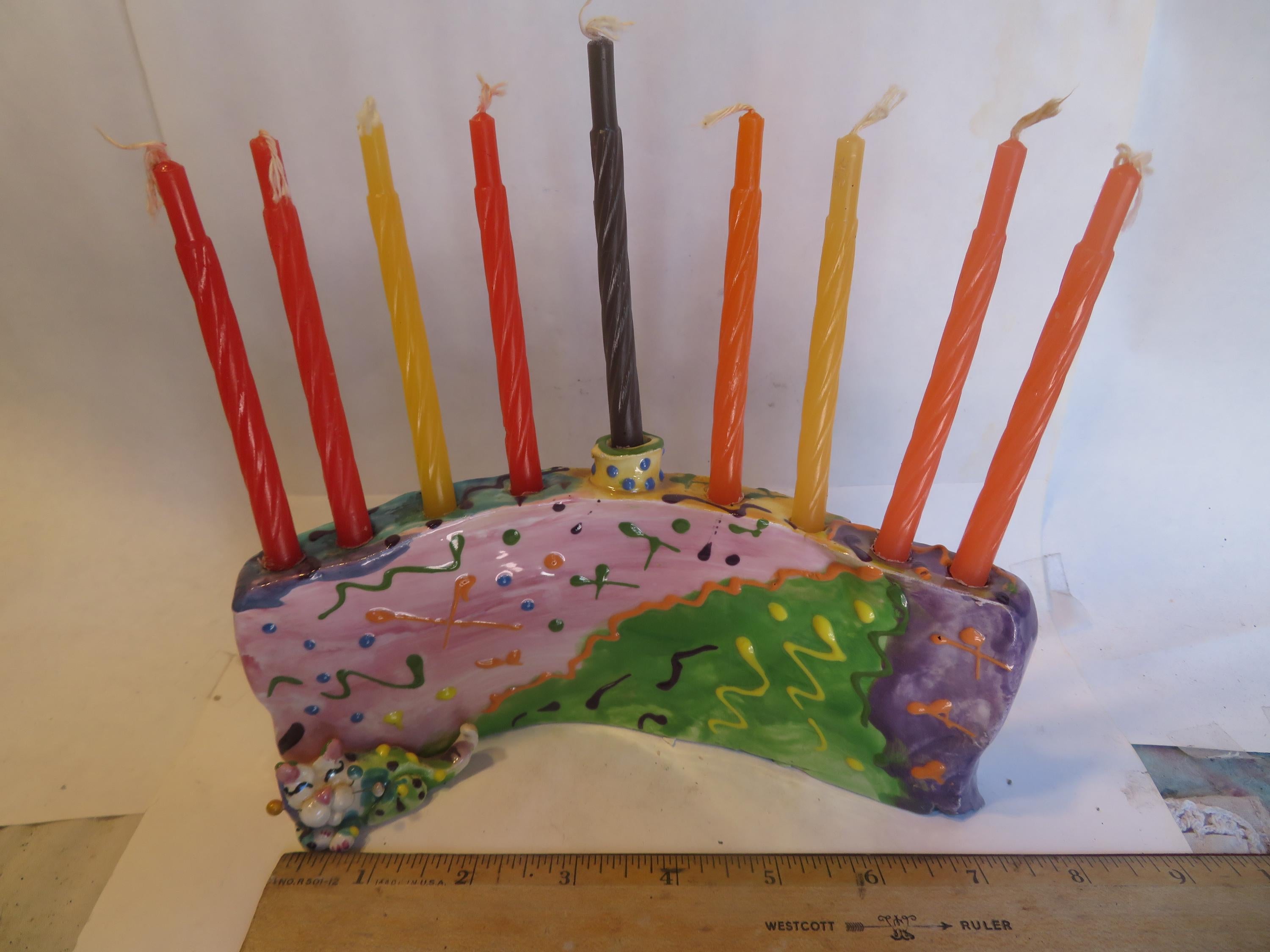 Cat Menorah — WhimsiClay Colorful Handmade Rare One-of-a-Kind by Amy Lacombe