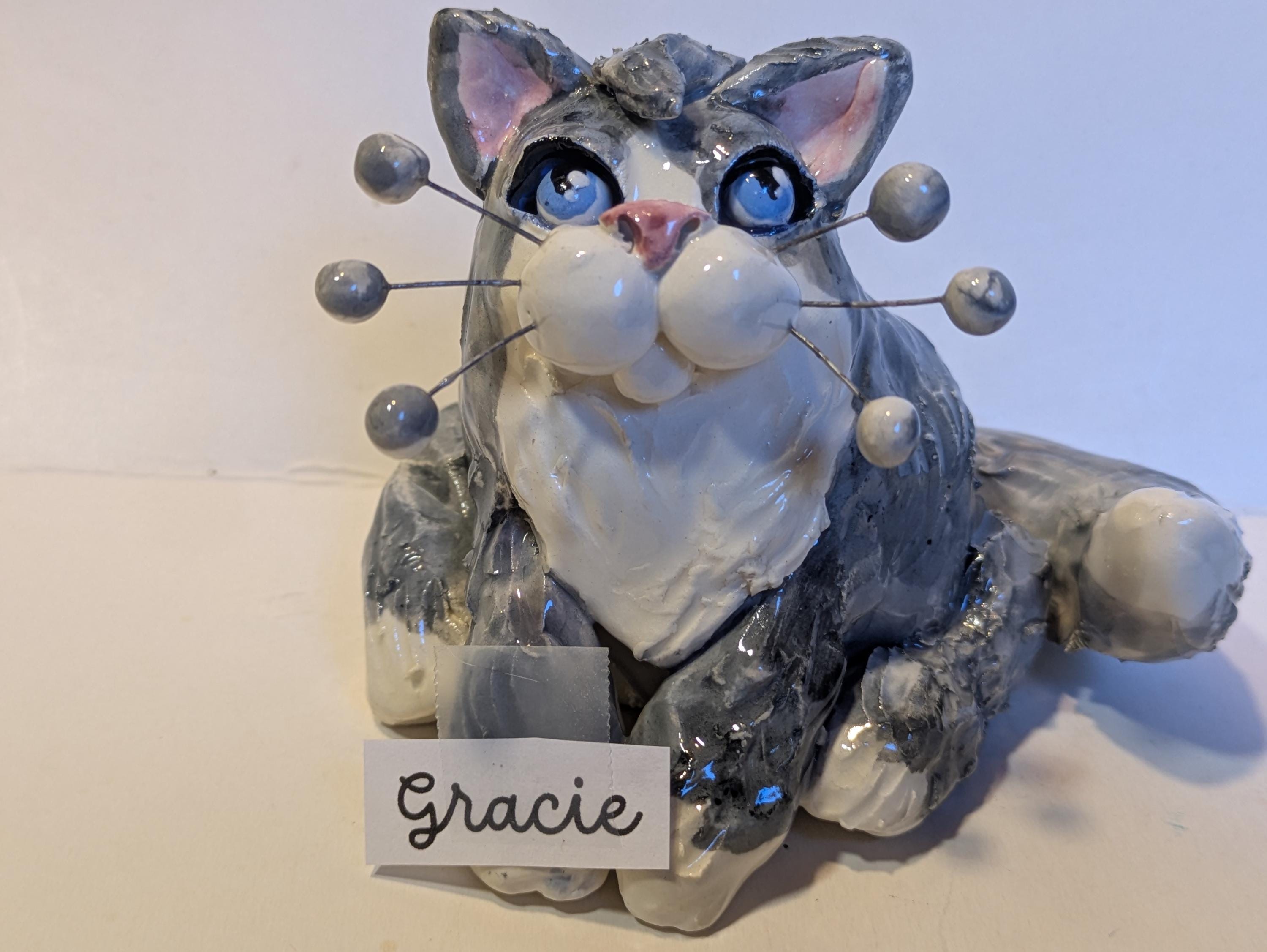 Gracie Gray –  Blue-Eyed Fluffy Cat Original Handmade WhimsiClay by Amy Lacombe