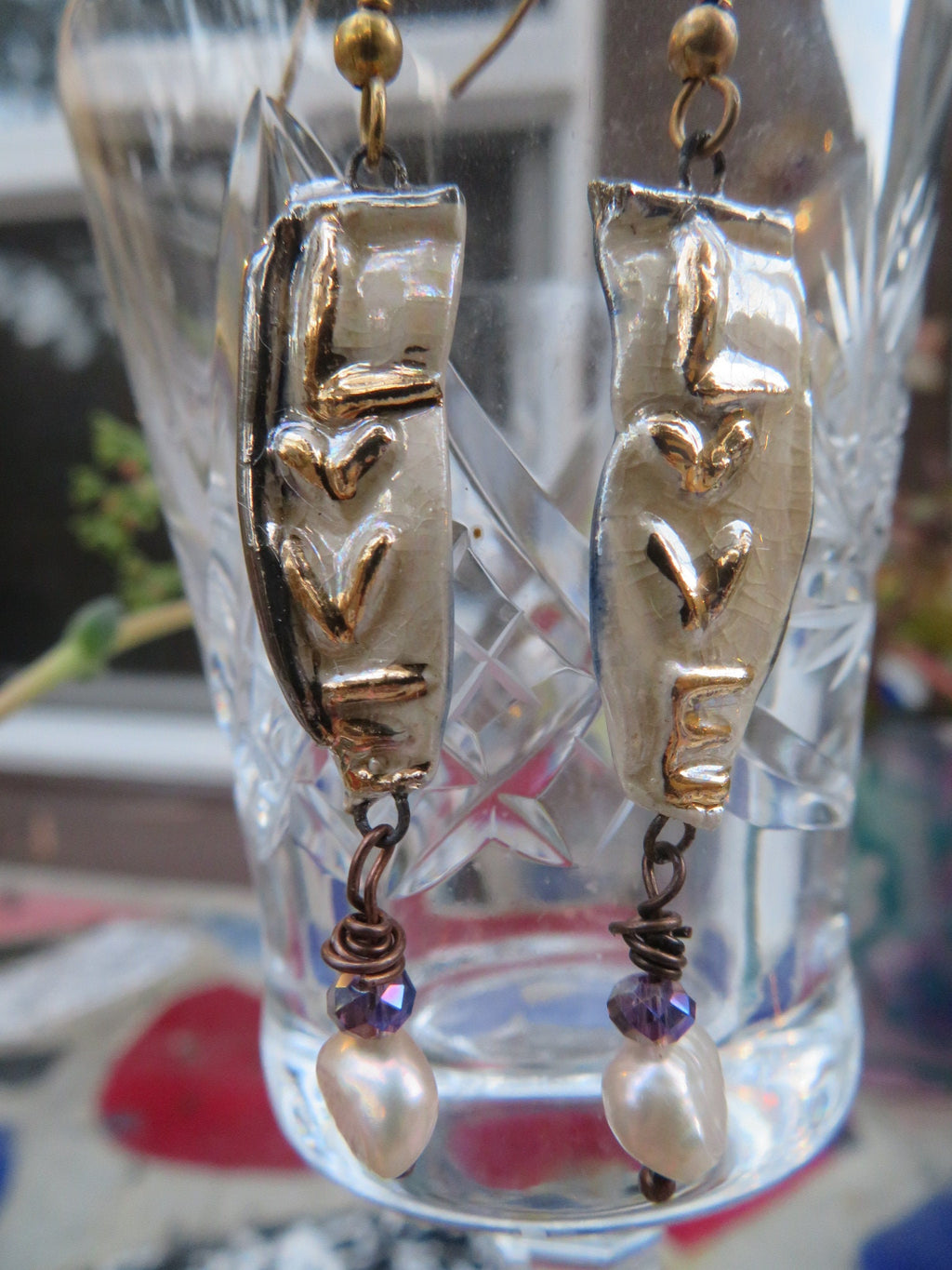 Love — WhimsiClay Creamy White Ceramic Earrings with 24K Gold & Platinum Lustre by Amy Lacombe