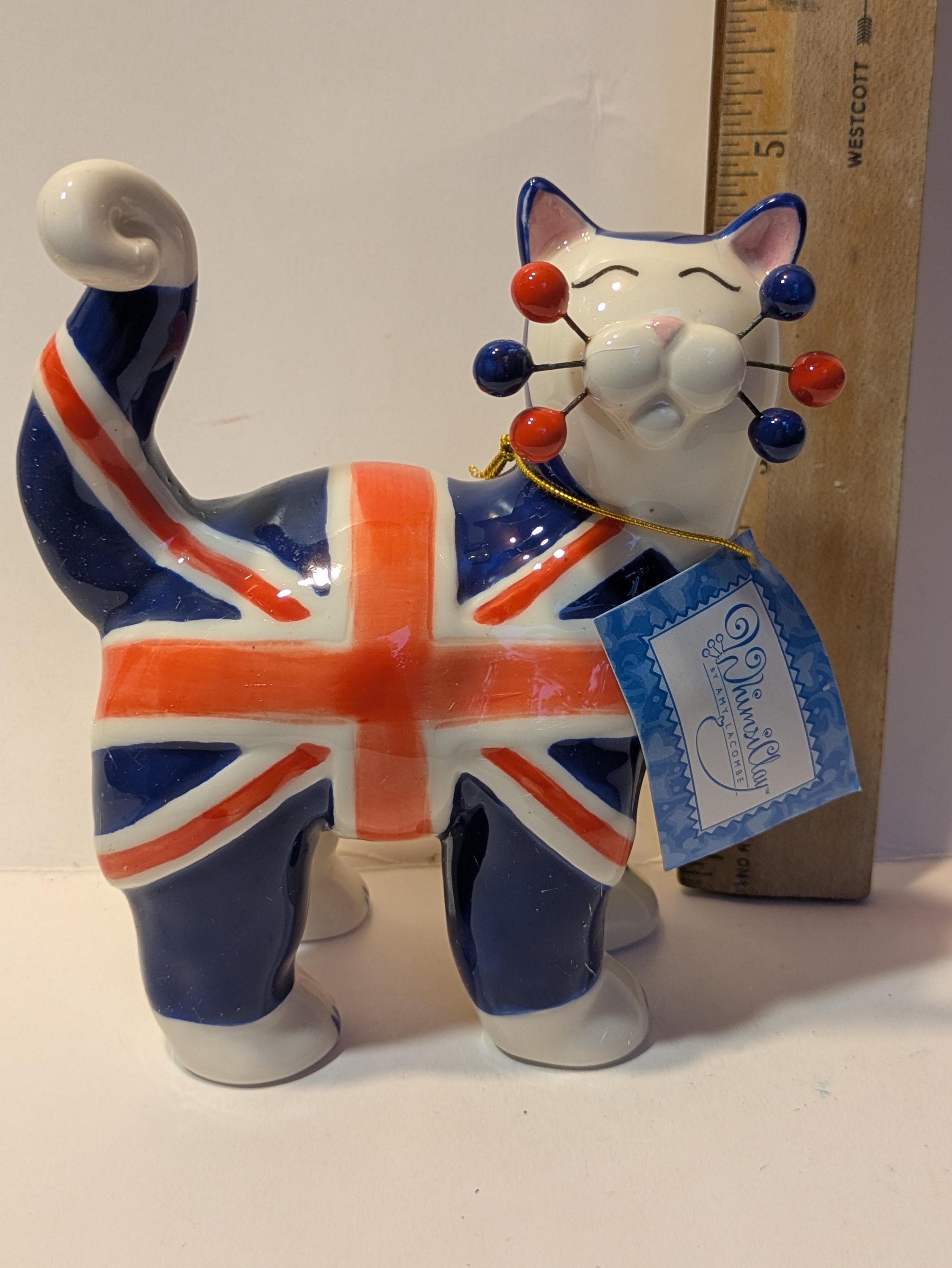 Charles — Rare Union Jack WhimsiClay Cat, Hand Signed by Amy Lacombe, with Yankee Doodle Kitty Pin