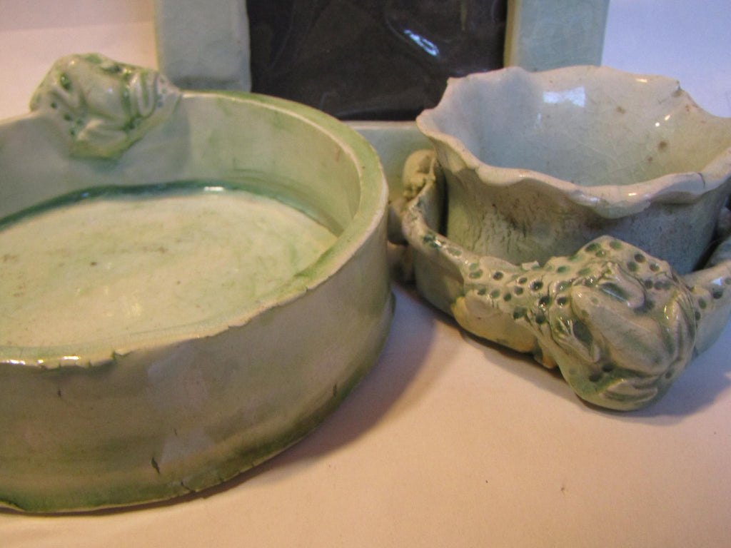 Frog Trio — Vintage WhimsiClay One-of-a-Kind Votive, Photo Frame & Dish by Amy Lacombe, Celadon Glaze