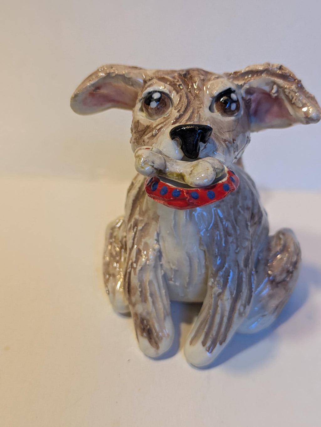 Ace — WhimsiClay Scruffy Brown Dog with Bowl & Bone by Amy Lacombe