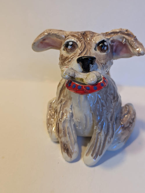 Ace — WhimsiClay Scruffy Brown Dog with Bowl & Bone by Amy Lacombe