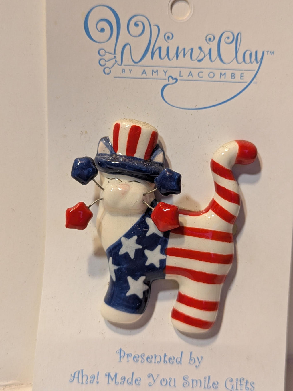 Charles — Rare Union Jack WhimsiClay Cat, Hand Signed by Amy Lacombe, with Yankee Doodle Kitty Pin