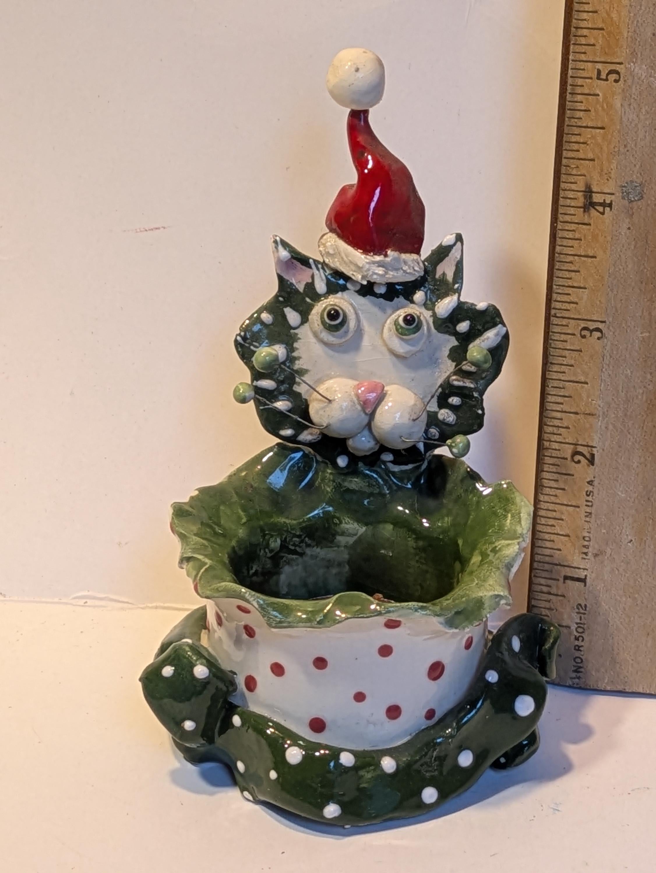 Santa Cat — Vintage WhimsiClay Handmade Votive Tealight with Surprise Pin