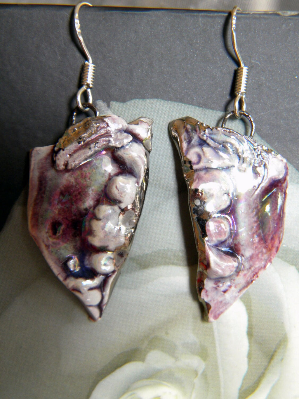 Venezia — WhimsiClay Earrings with Platinum & Mother of Pearl Lustre in Purple