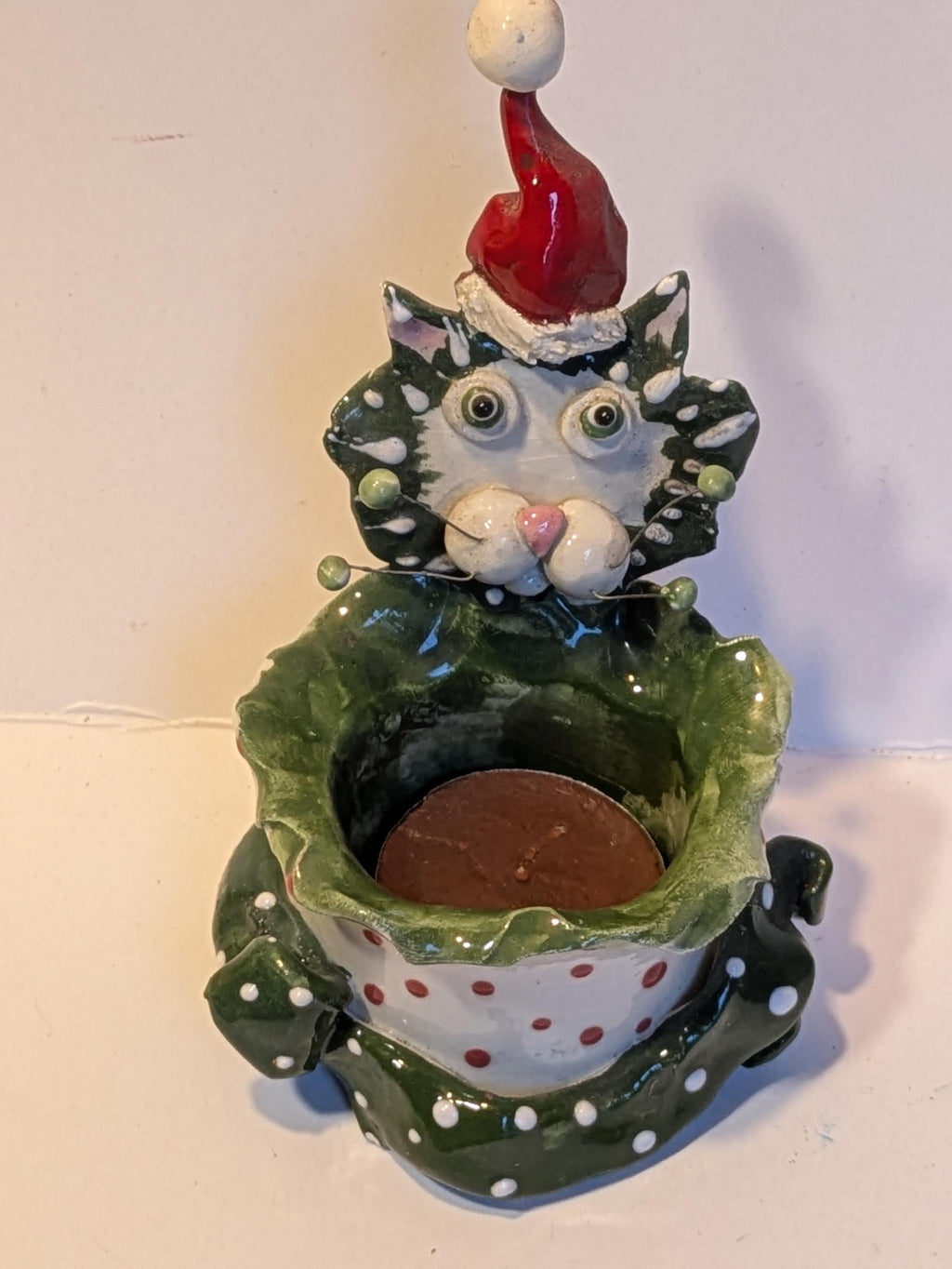 Santa Cat — Vintage WhimsiClay Handmade Votive Tealight with Surprise Pin