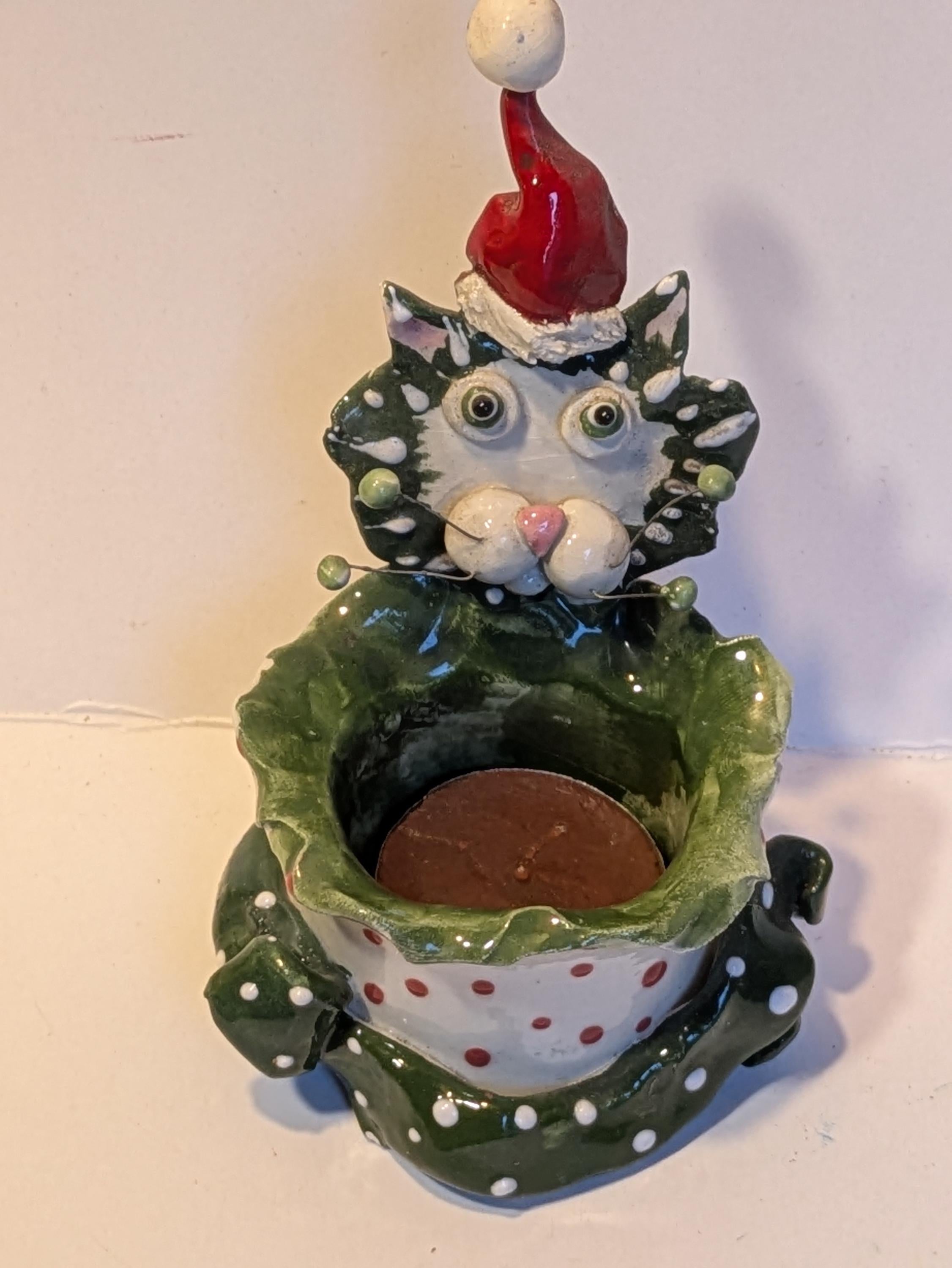 Santa Cat — Vintage WhimsiClay Handmade Votive Tealight with Surprise Pin
