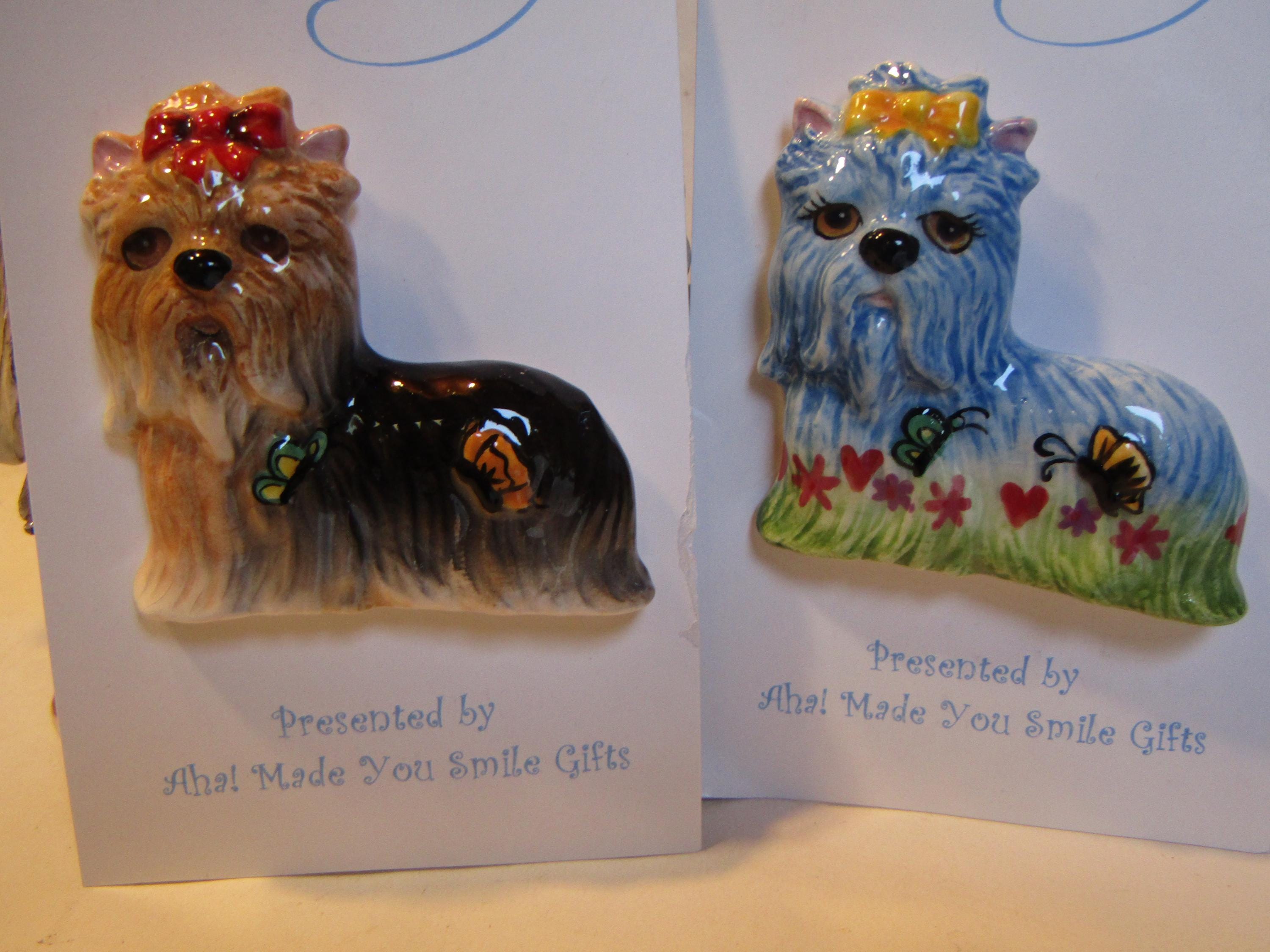 Chloe — WhimsiClay Long-Haired Yorkie Sculpture with Striped Bow by Amy Lacombe, with Dog Pins