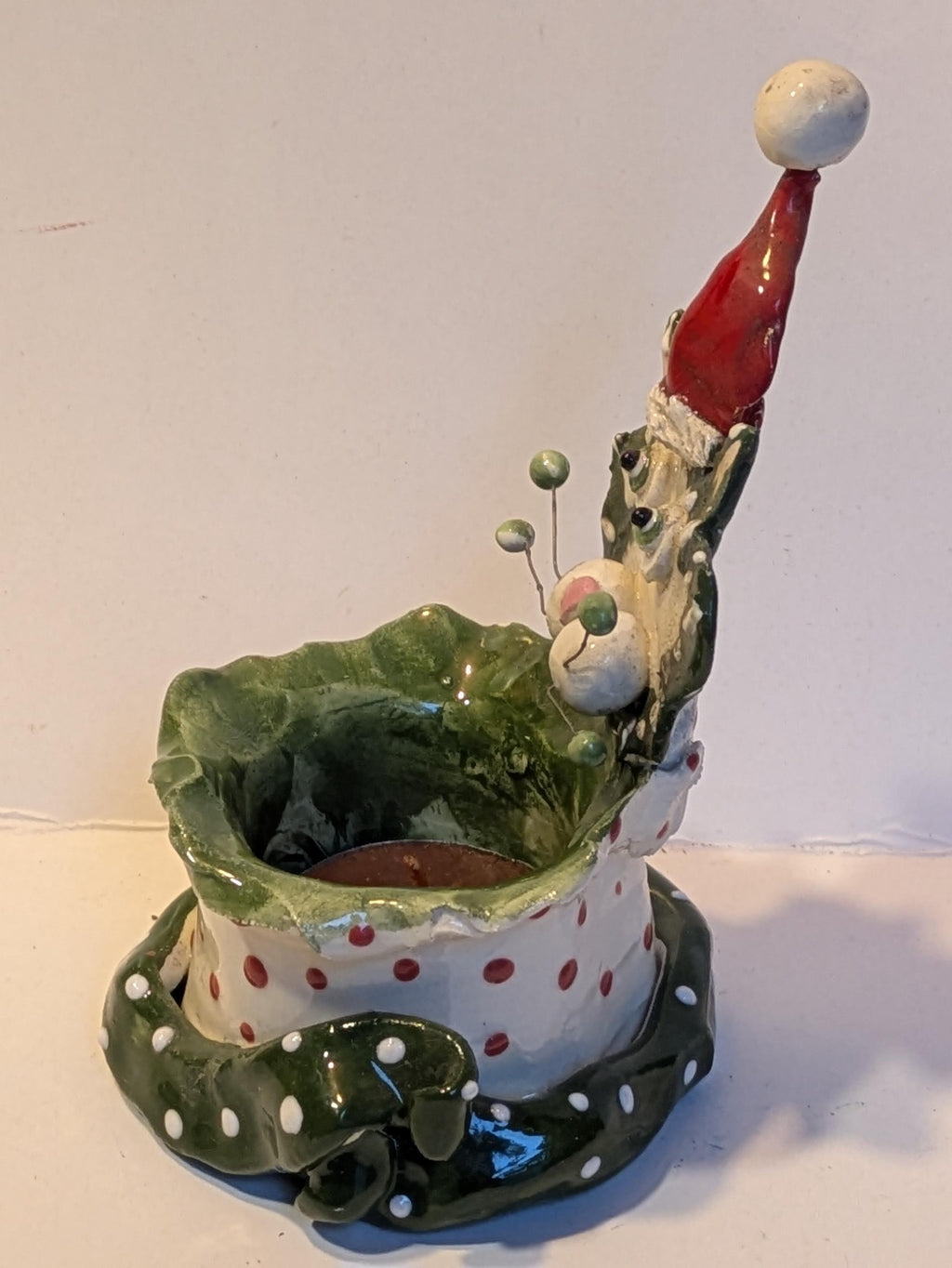 Santa Cat — Vintage WhimsiClay Handmade Votive Tealight with Surprise Pin