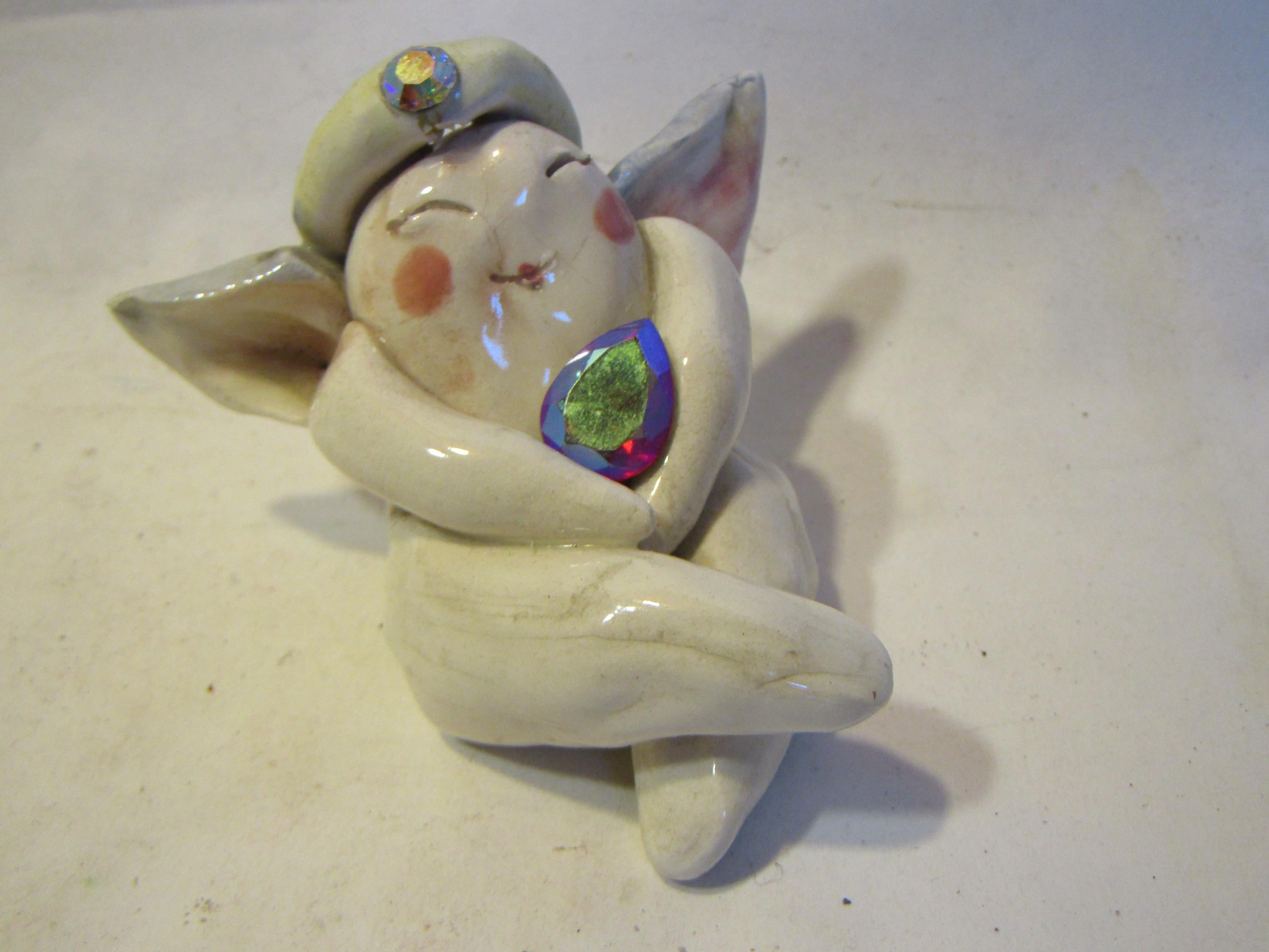 Chantal — Vintage WhimsiClay Mini Angel with Crystal & Angel Cat Pin by Amy Lacombe