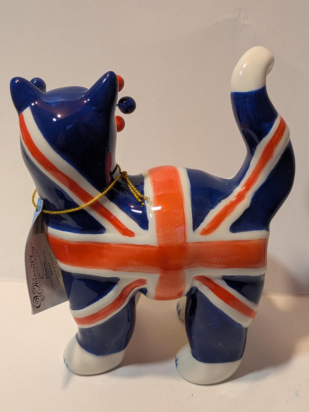Charles — Rare Union Jack WhimsiClay Cat, Hand Signed by Amy Lacombe, with Yankee Doodle Kitty Pin