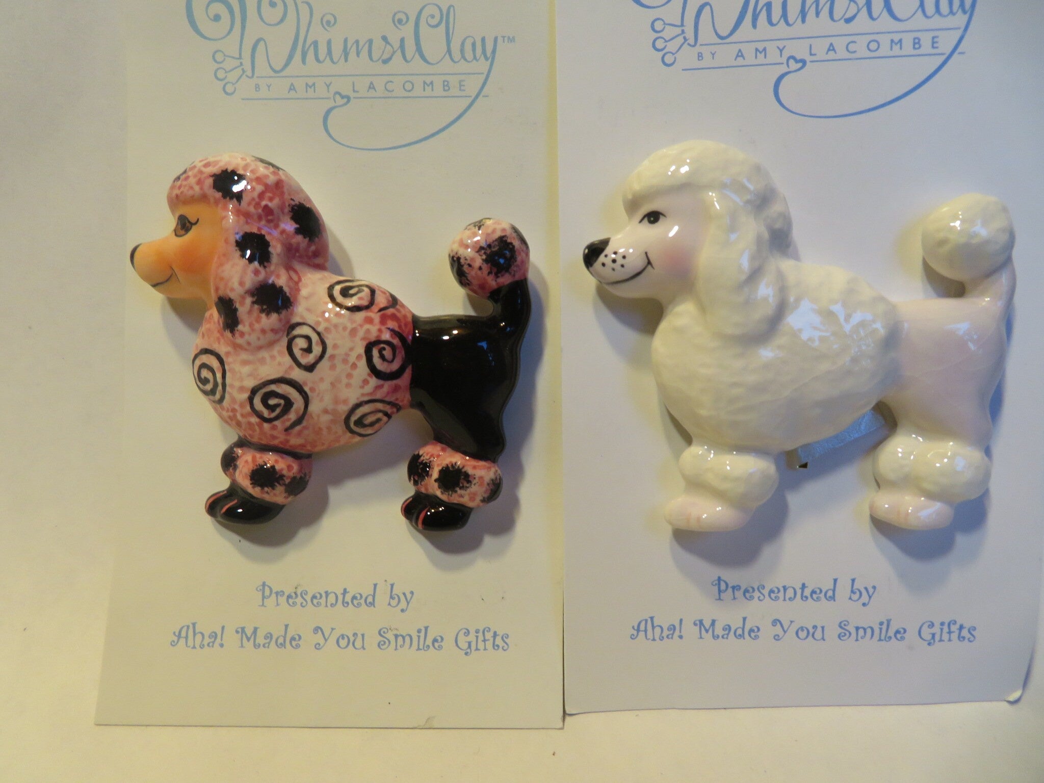 Pink Poodle Dish — WhimsiClay One-of-a-Kind Ceramic Silk-Lined Dog Frame by Amy Lacombe, with Poodle Pins