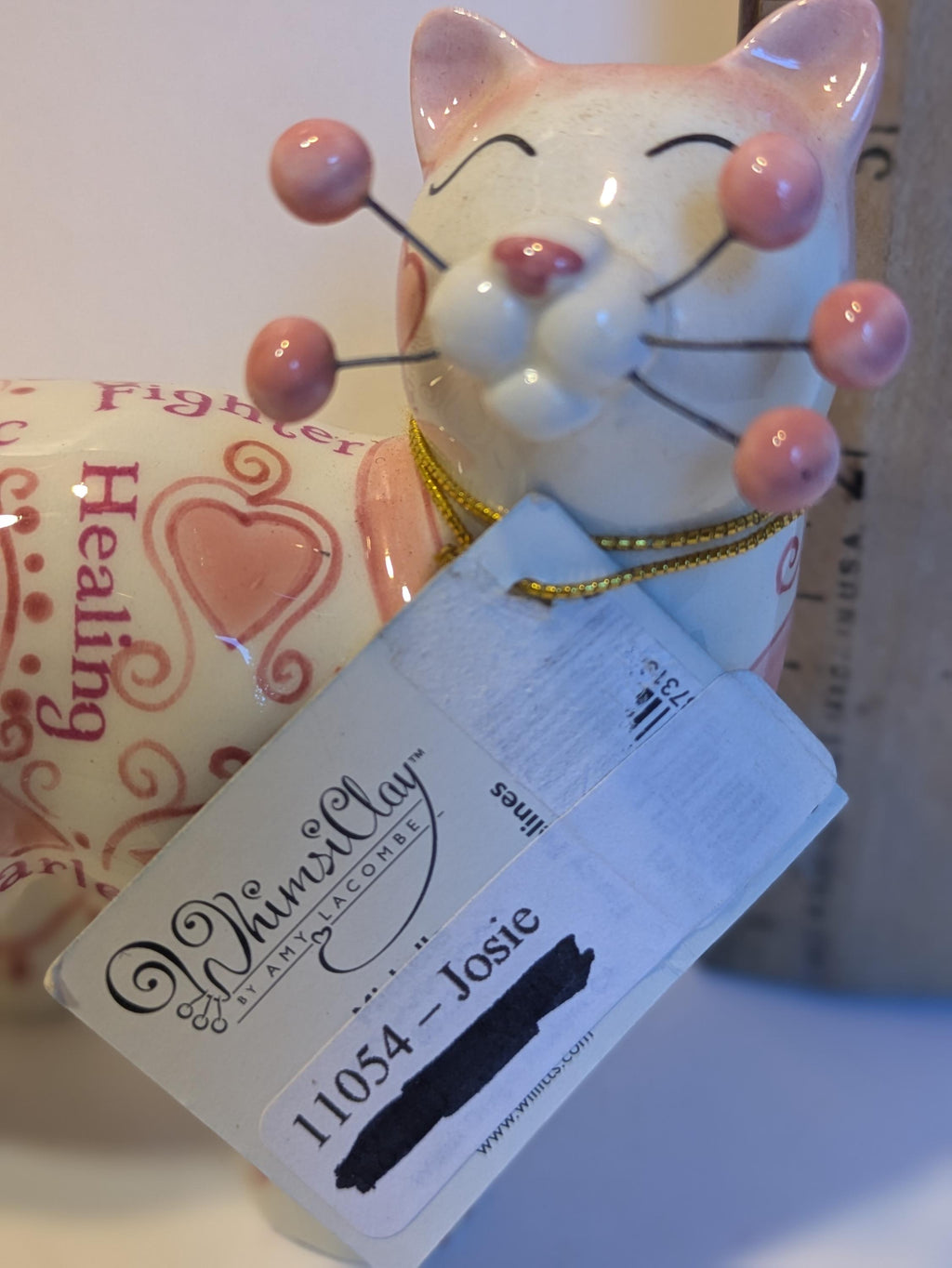 Josie — WhimsiClay Pink Ribbon Cat by Amy Lacombe, with Cat Pin