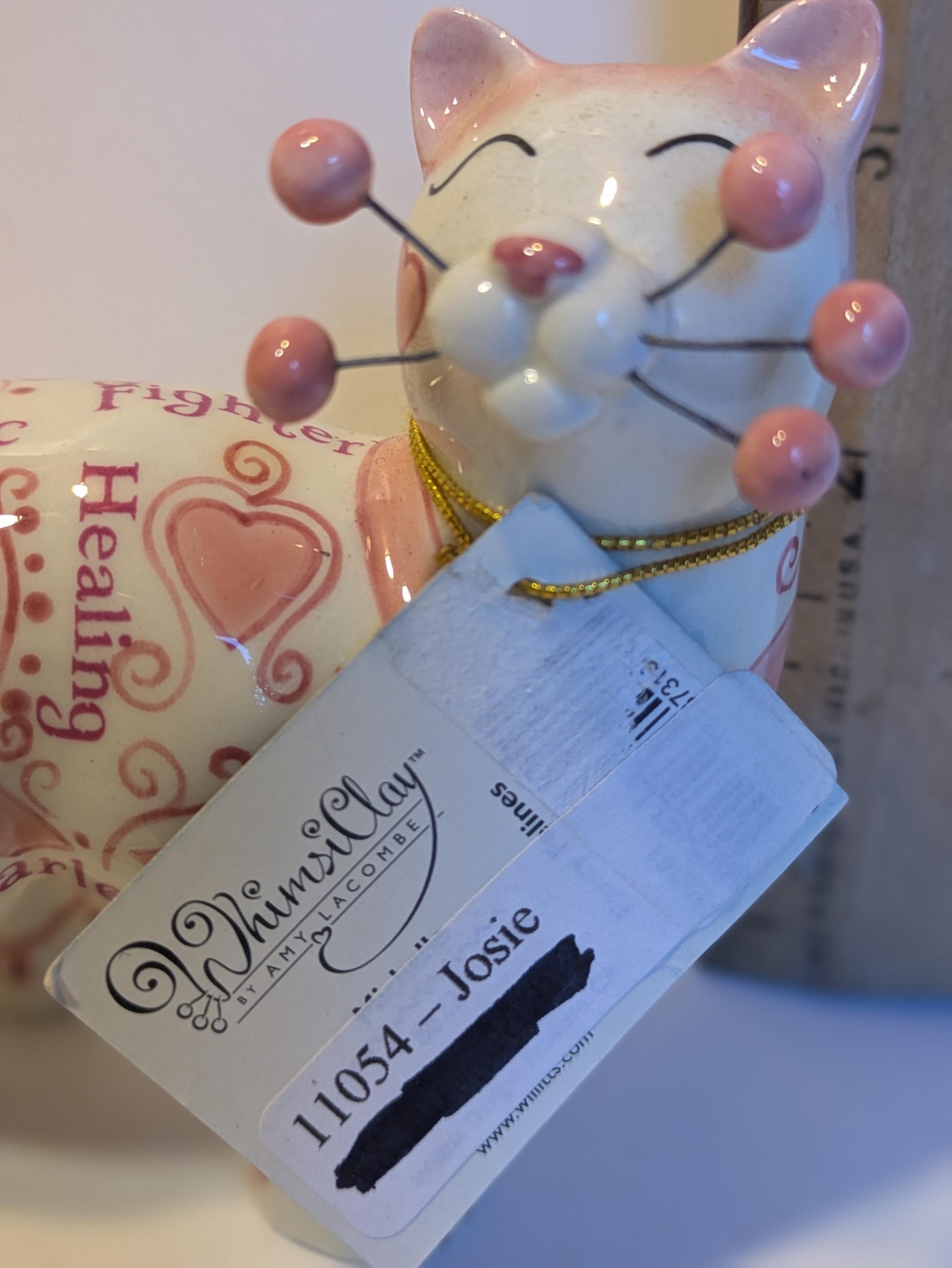 Josie — WhimsiClay Pink Ribbon Cat by Amy Lacombe, with Cat Pin