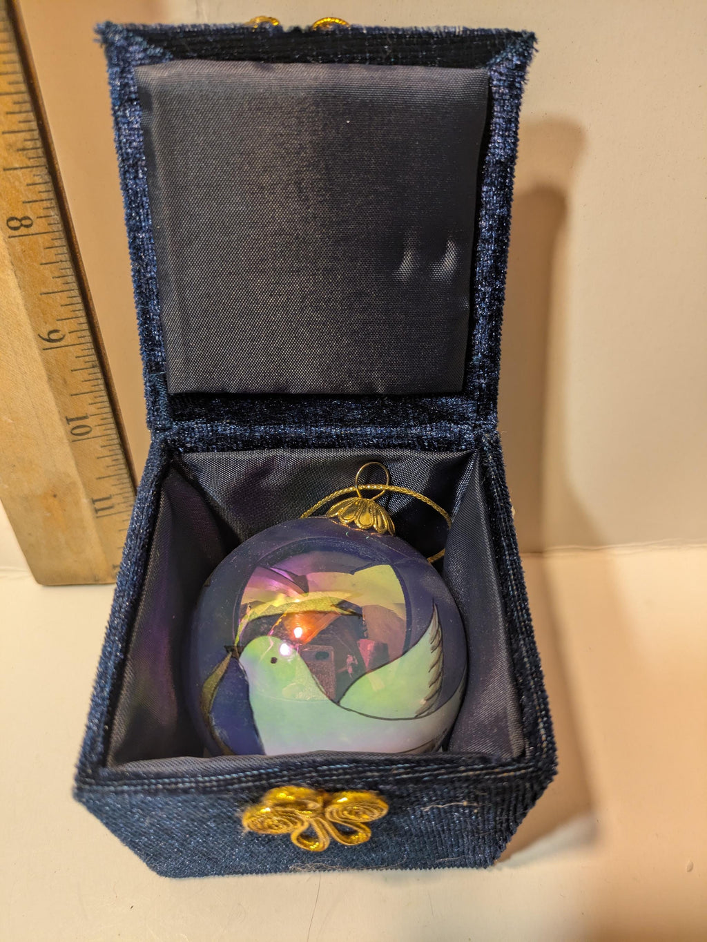 Peace Dove — Vintage Blue Lustered Hand-Painted Glass Ornament in Blue Velvet Box