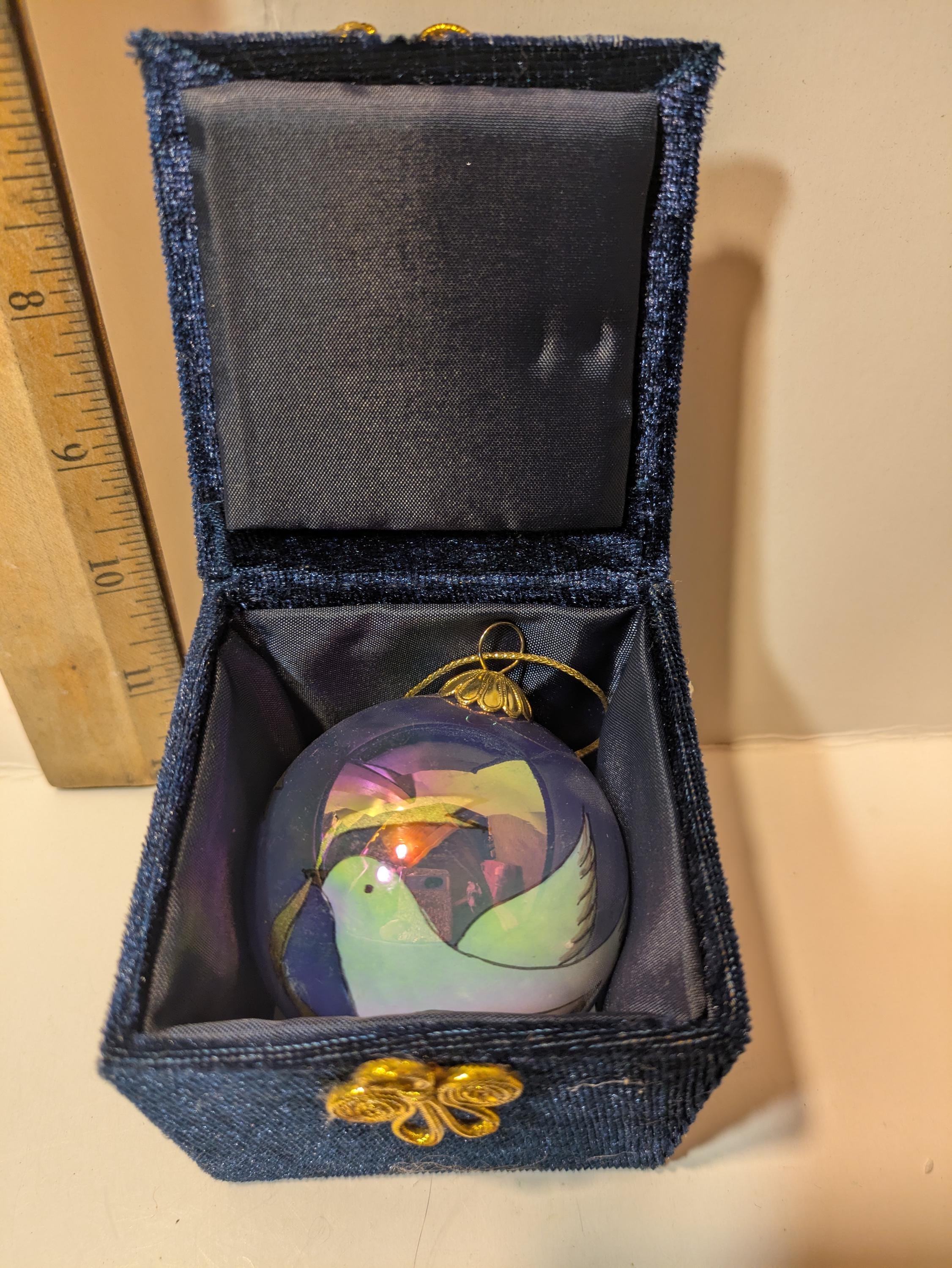 Peace Dove — Vintage Blue Lustered Hand-Painted Glass Ornament in Blue Velvet Box